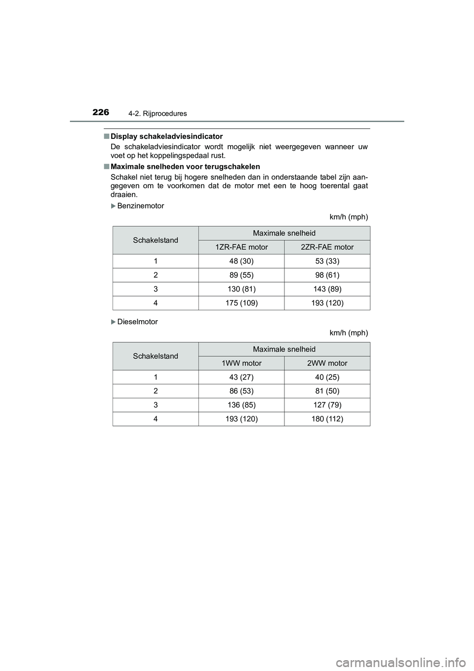 TOYOTA AVENSIS 2016  Instructieboekje (in Dutch) 2264-2. Rijprocedures
AVENSIS_OM_OM20C20E_(EE)
■Display schakeladviesindicator
De schakeladviesindicator wordt mogelijk niet weergegeven wanneer uw
voet op het koppelingspedaal rust. 
■ Maximale s