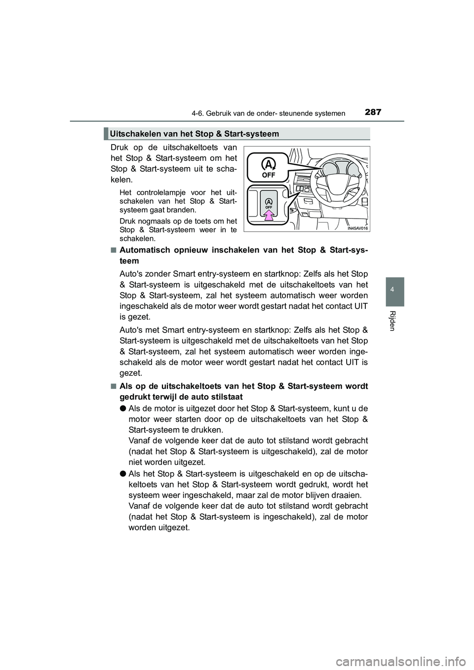 TOYOTA AVENSIS 2016 Instructieboekje (in Dutch) 2874-6. Gebruik van de onder- steunende systemen
4
Rijden
AVENSIS_OM_OM20C20E_(EE)
Druk op de uitschakeltoets van
het Stop & Start-systeem om het
Stop & Start-systeem uit te scha-
kelen.
Het controlel TOYOTA AVENSIS 2016 Instructieboekje (in Dutch) 2874-6. Gebruik van de onder- steunende systemen
4
Rijden
AVENSIS_OM_OM20C20E_(EE)
Druk op de uitschakeltoets van
het Stop & Start-systeem om het
Stop & Start-systeem uit te scha-
kelen.
Het controlel