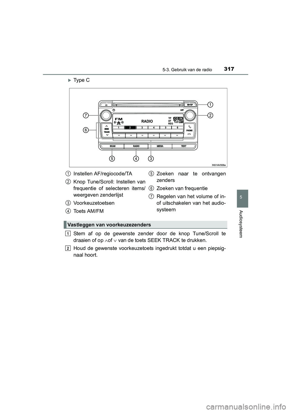 TOYOTA AVENSIS 2016 Instructieboekje (in Dutch) 3175-3. Gebruik van de radio
5
Audiosysteem
AVENSIS_OM_OM20C20E_(EE)
Ty p e C
Stem af op de gewenste zender door de knop Tune/Scroll te
draaien of op of van de toets SEEK TRACK te drukken. TOYOTA AVENSIS 2016 Instructieboekje (in Dutch) 3175-3. Gebruik van de radio
5
Audiosysteem
AVENSIS_OM_OM20C20E_(EE)
Ty p e C
Stem af op de gewenste zender door de knop Tune/Scroll te
draaien of op of van de toets SEEK TRACK te drukken.