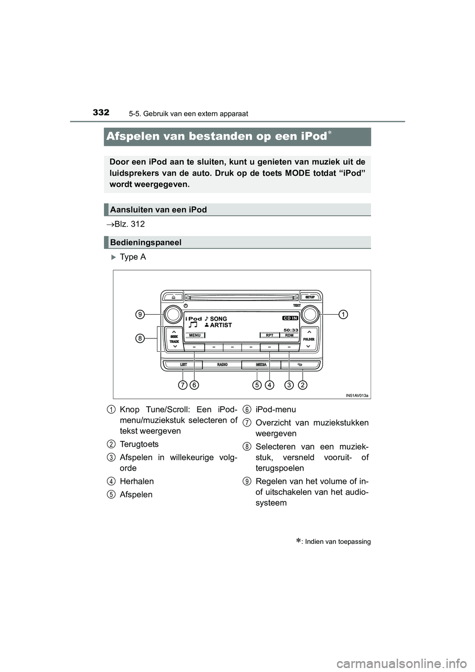 TOYOTA AVENSIS 2016 Instructieboekje (in Dutch) 3325-5. Gebruik van een extern apparaat
AVENSIS_OM_OM20C20E_(EE)
Afspelen van bestanden op een iPod
Blz. 312
Ty p e A
: Indien van toepassing
Door een iPod aan te sluiten, k unt u geniete TOYOTA AVENSIS 2016 Instructieboekje (in Dutch) 3325-5. Gebruik van een extern apparaat
AVENSIS_OM_OM20C20E_(EE)
Afspelen van bestanden op een iPod
Blz. 312
Ty p e A
: Indien van toepassing
Door een iPod aan te sluiten, k unt u geniete