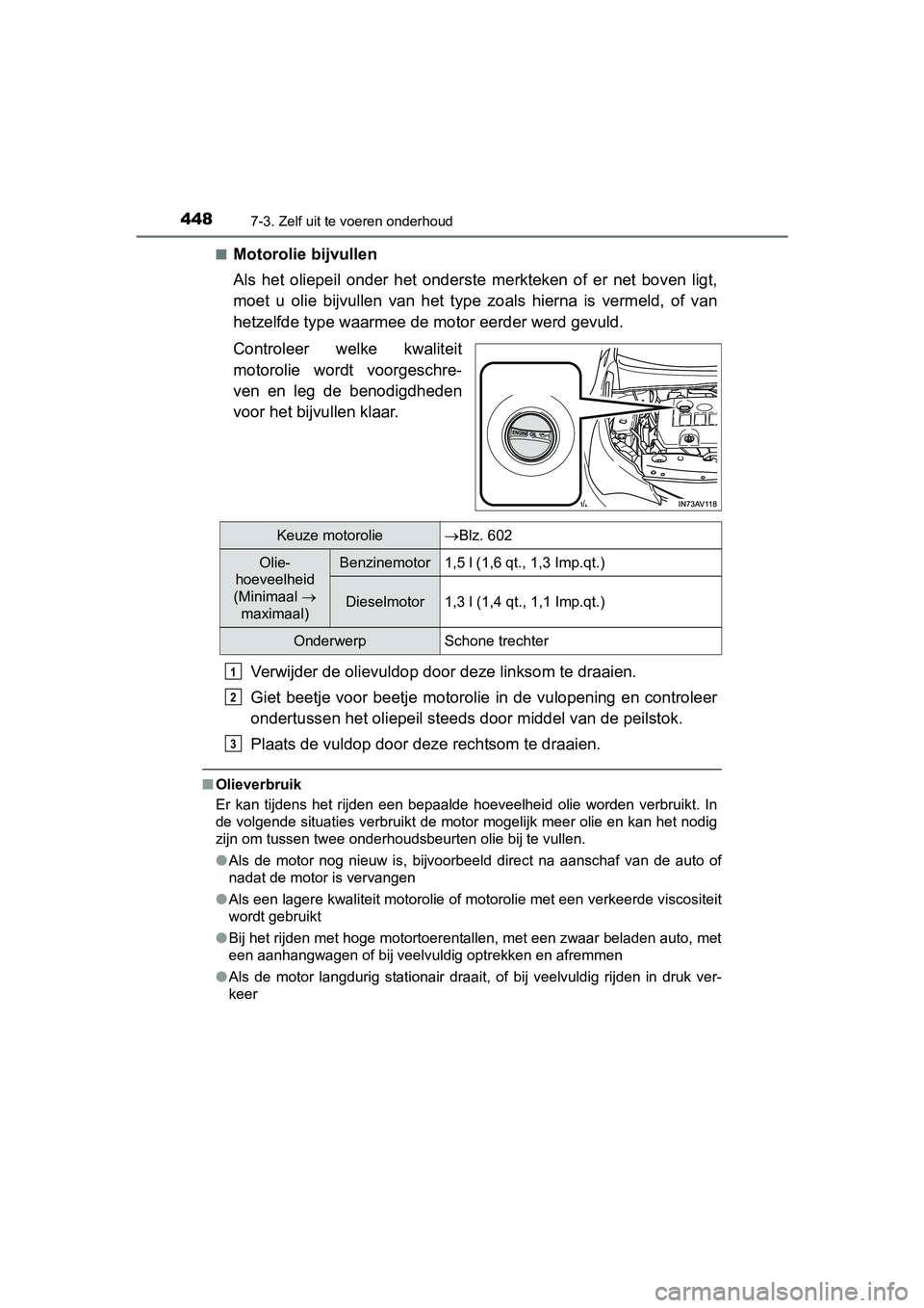 TOYOTA AVENSIS 2016 Instructieboekje (in Dutch) 4487-3. Zelf uit te voeren onderhoud
AVENSIS_OM_OM20C20E_(EE)■
Motorolie bijvullen
Als het oliepeil onder het onderste merkteken of er net boven ligt,
moet u olie bijvullen van het type
zoals hiern TOYOTA AVENSIS 2016 Instructieboekje (in Dutch) 4487-3. Zelf uit te voeren onderhoud
AVENSIS_OM_OM20C20E_(EE)■
Motorolie bijvullen
Als het oliepeil onder het onderste merkteken of er net boven ligt,
moet u olie bijvullen van het type
zoals hiern