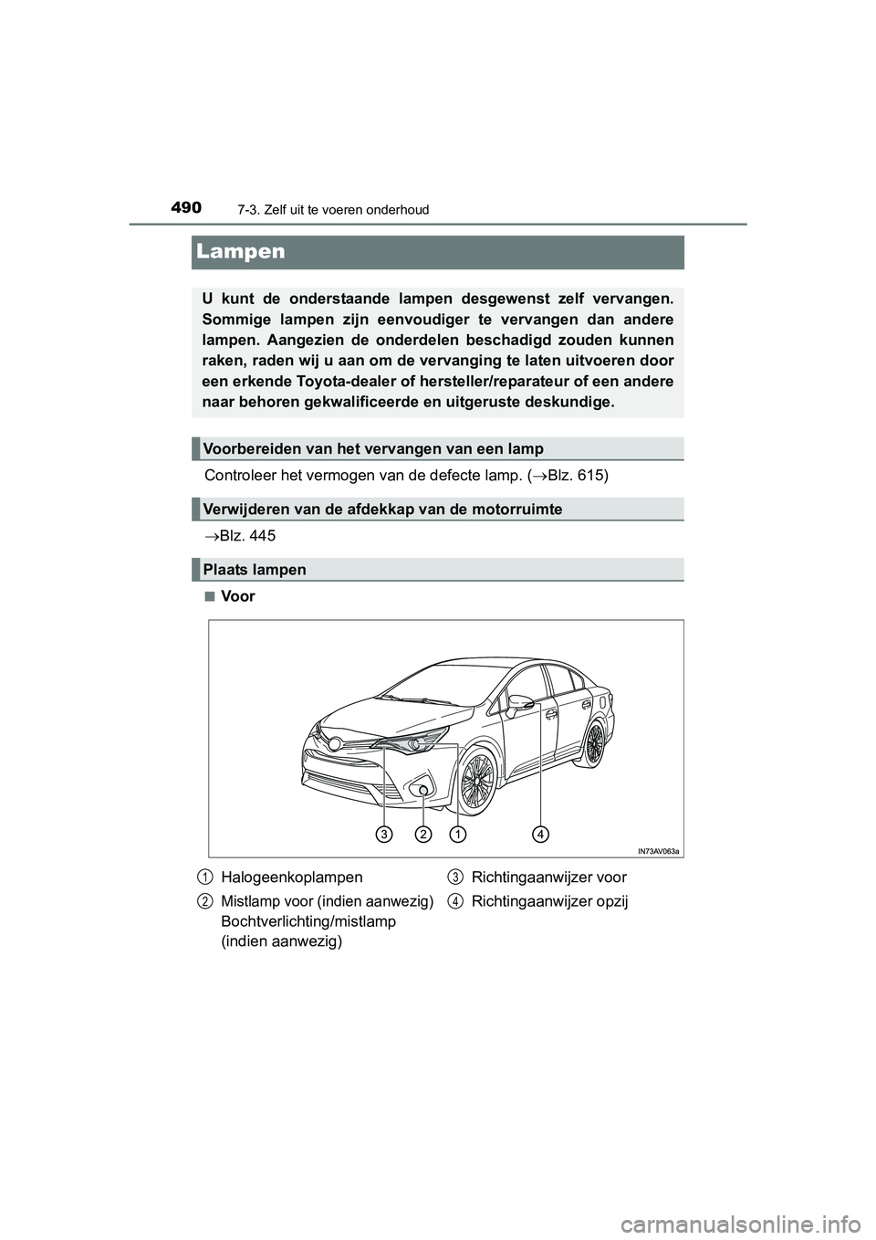 TOYOTA AVENSIS 2016 Instructieboekje (in Dutch) 4907-3. Zelf uit te voeren onderhoud
AVENSIS_OM_OM20C20E_(EE)
Lampen
Controleer het vermogen van de defecte lamp. (Blz. 615)
Blz. 445
■Voor
U kunt de onderstaande lamp en desgewenst zelf verv TOYOTA AVENSIS 2016 Instructieboekje (in Dutch) 4907-3. Zelf uit te voeren onderhoud
AVENSIS_OM_OM20C20E_(EE)
Lampen
Controleer het vermogen van de defecte lamp. (Blz. 615)
Blz. 445
■Voor
U kunt de onderstaande lamp en desgewenst zelf verv