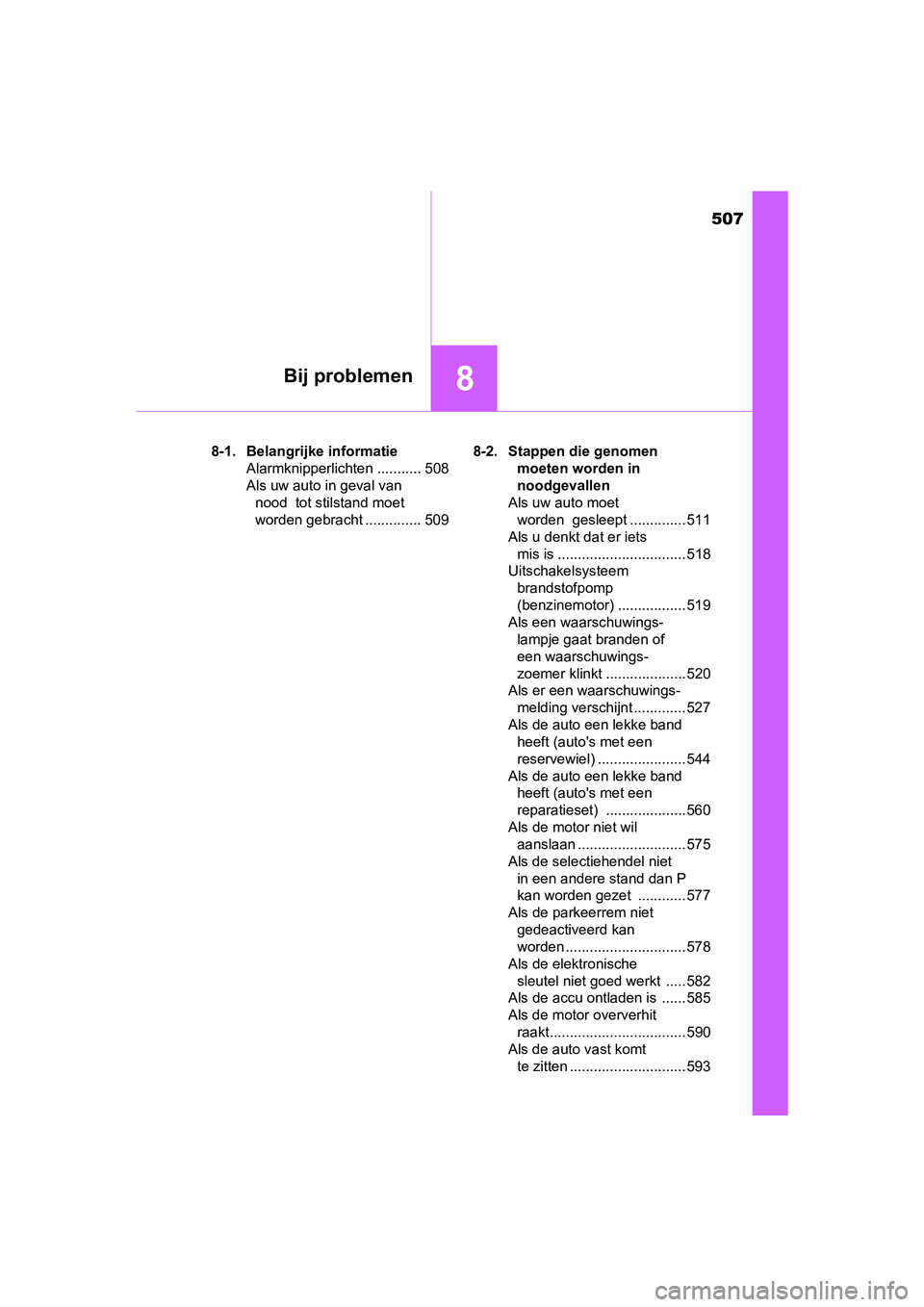 TOYOTA AVENSIS 2016 Instructieboekje (in Dutch) 507
8Bij problemen
AVENSIS_OM_OM20C20E_(EE)
8-1. Belangrijke informatieAlarmknipperlichten ........... 508
Als uw auto in geval van nood tot stilstand moet
worden gebracht .............. 509 8-2. S TOYOTA AVENSIS 2016 Instructieboekje (in Dutch) 507
8Bij problemen
AVENSIS_OM_OM20C20E_(EE)
8-1. Belangrijke informatieAlarmknipperlichten ........... 508
Als uw auto in geval van nood tot stilstand moet
worden gebracht .............. 509 8-2. S