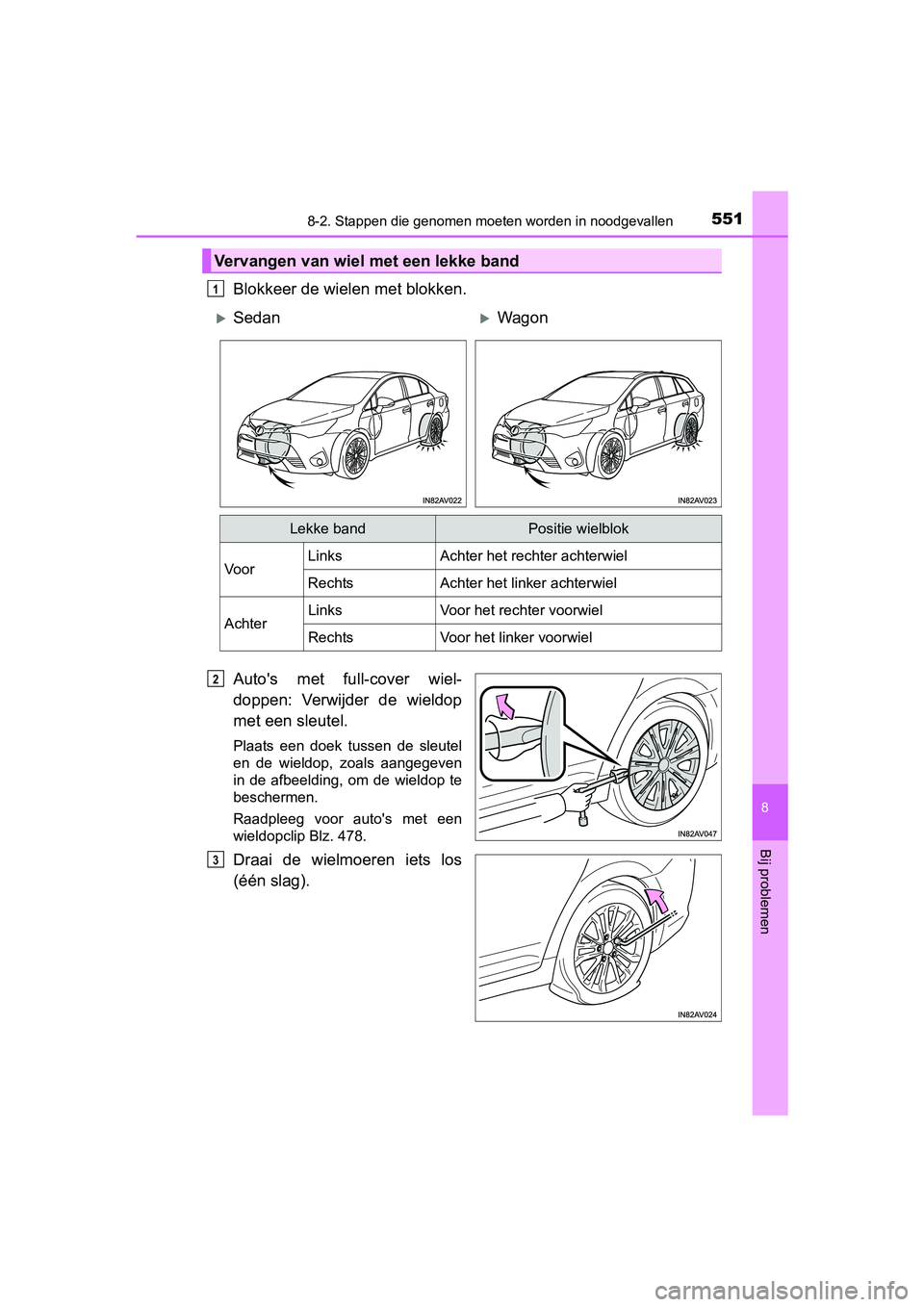 TOYOTA AVENSIS 2016  Instructieboekje (in Dutch) 5518-2. Stappen die genomen moeten worden in noodgevallen
AVENSIS_OM_OM20C20E_(EE)
8
Bij problemen
Blokkeer de wielen met blokken.
Autos met full-cover wiel-
doppen: Verwijder de wieldop
met een sleu