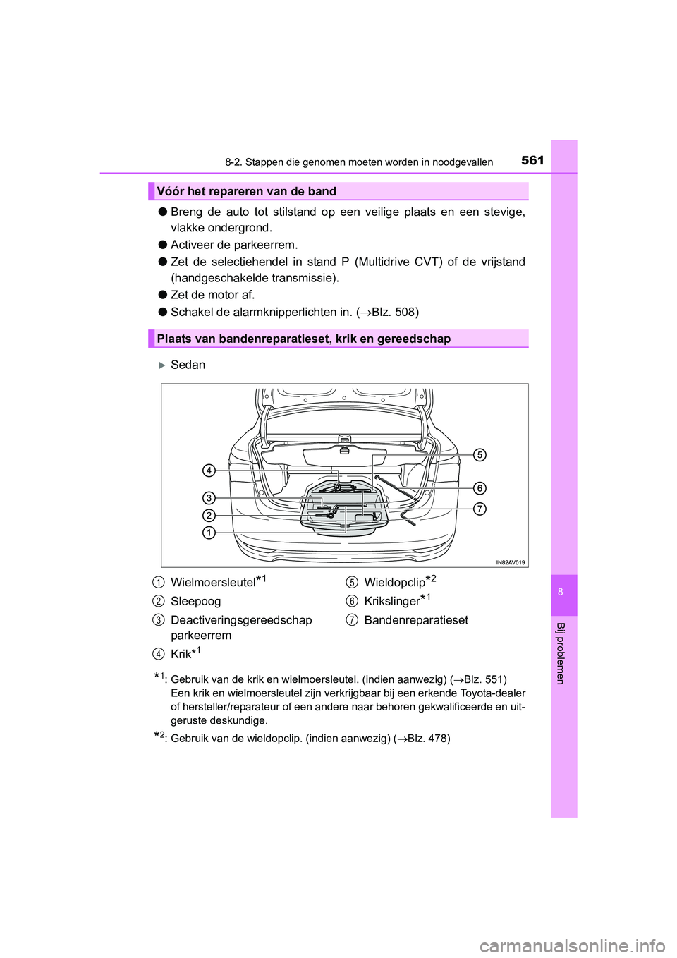 TOYOTA AVENSIS 2016 Instructieboekje (in Dutch) 5618-2. Stappen die genomen moeten worden in noodgevallen
AVENSIS_OM_OM20C20E_(EE)
8
Bij problemen
●Breng de auto tot stilstand op een veilige plaats en een stevige,
vlakke ondergrond.
● Activeer TOYOTA AVENSIS 2016 Instructieboekje (in Dutch) 5618-2. Stappen die genomen moeten worden in noodgevallen
AVENSIS_OM_OM20C20E_(EE)
8
Bij problemen
●Breng de auto tot stilstand op een veilige plaats en een stevige,
vlakke ondergrond.
● Activeer