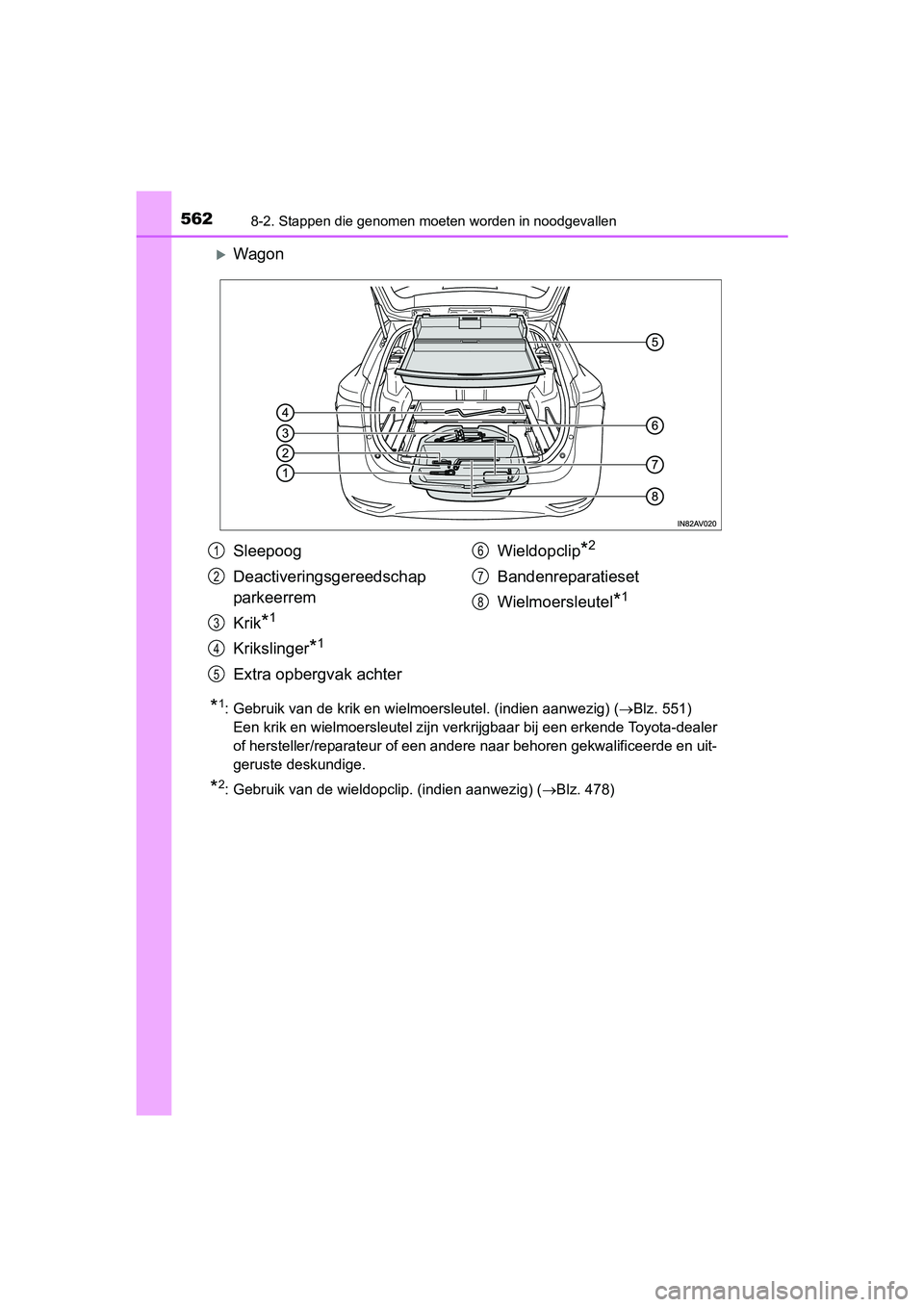 TOYOTA AVENSIS 2016 Instructieboekje (in Dutch) 5628-2. Stappen die genomen moeten worden in noodgevallen
AVENSIS_OM_OM20C20E_(EE)
Wagon
*1: Gebruik van de krik en wielmoersleutel. (indien aanwezig) (Blz. 551)
Een krik en wielmoersleutel zijn TOYOTA AVENSIS 2016 Instructieboekje (in Dutch) 5628-2. Stappen die genomen moeten worden in noodgevallen
AVENSIS_OM_OM20C20E_(EE)
Wagon
*1: Gebruik van de krik en wielmoersleutel. (indien aanwezig) (Blz. 551)
Een krik en wielmoersleutel zijn