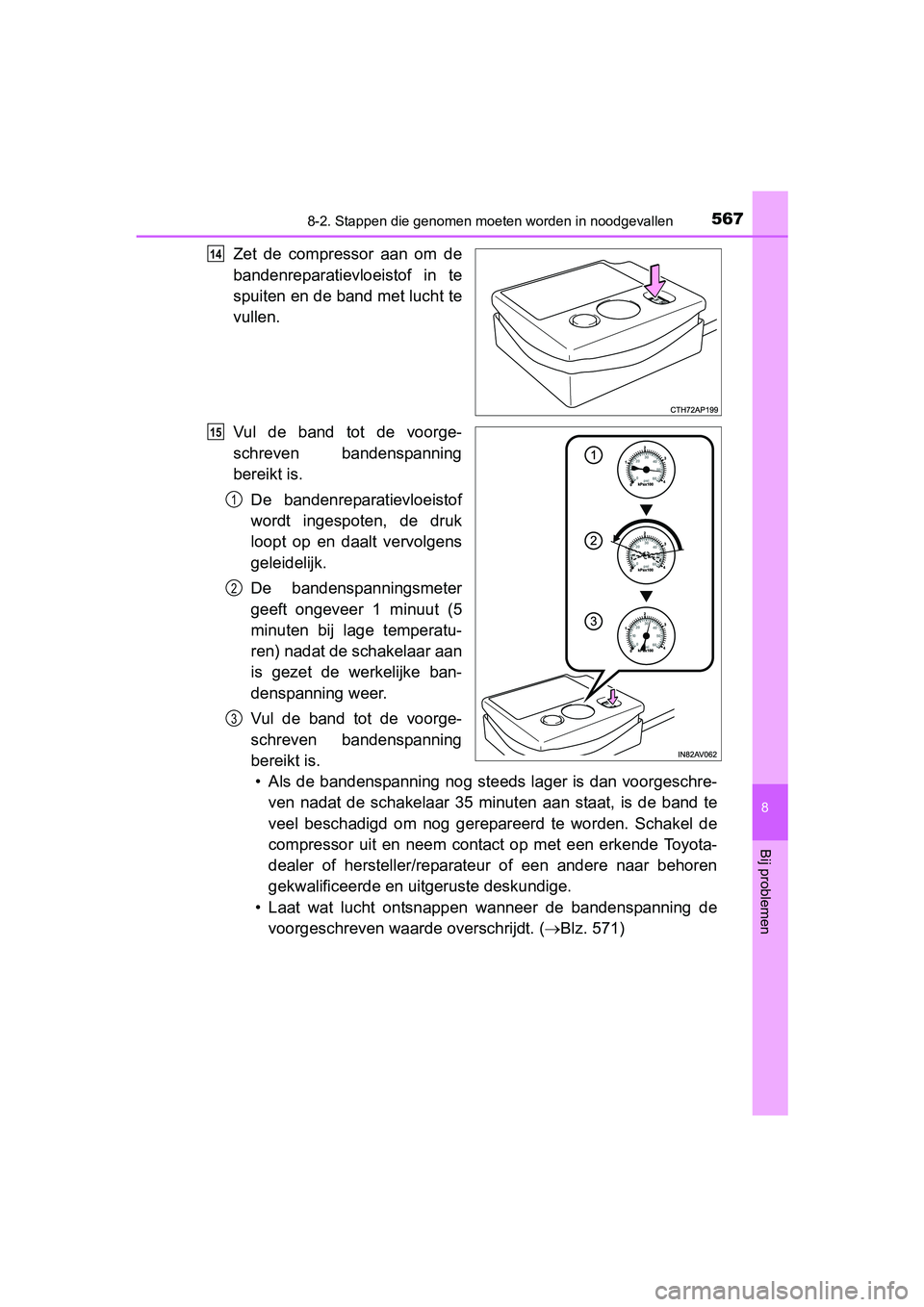 TOYOTA AVENSIS 2016 Instructieboekje (in Dutch) 5678-2. Stappen die genomen moeten worden in noodgevallen
AVENSIS_OM_OM20C20E_(EE)
8
Bij problemen
Zet de compressor aan om de
bandenreparatievloeistof in te
spuiten en de band met lucht te
vullen.
Vu TOYOTA AVENSIS 2016 Instructieboekje (in Dutch) 5678-2. Stappen die genomen moeten worden in noodgevallen
AVENSIS_OM_OM20C20E_(EE)
8
Bij problemen
Zet de compressor aan om de
bandenreparatievloeistof in te
spuiten en de band met lucht te
vullen.
Vu