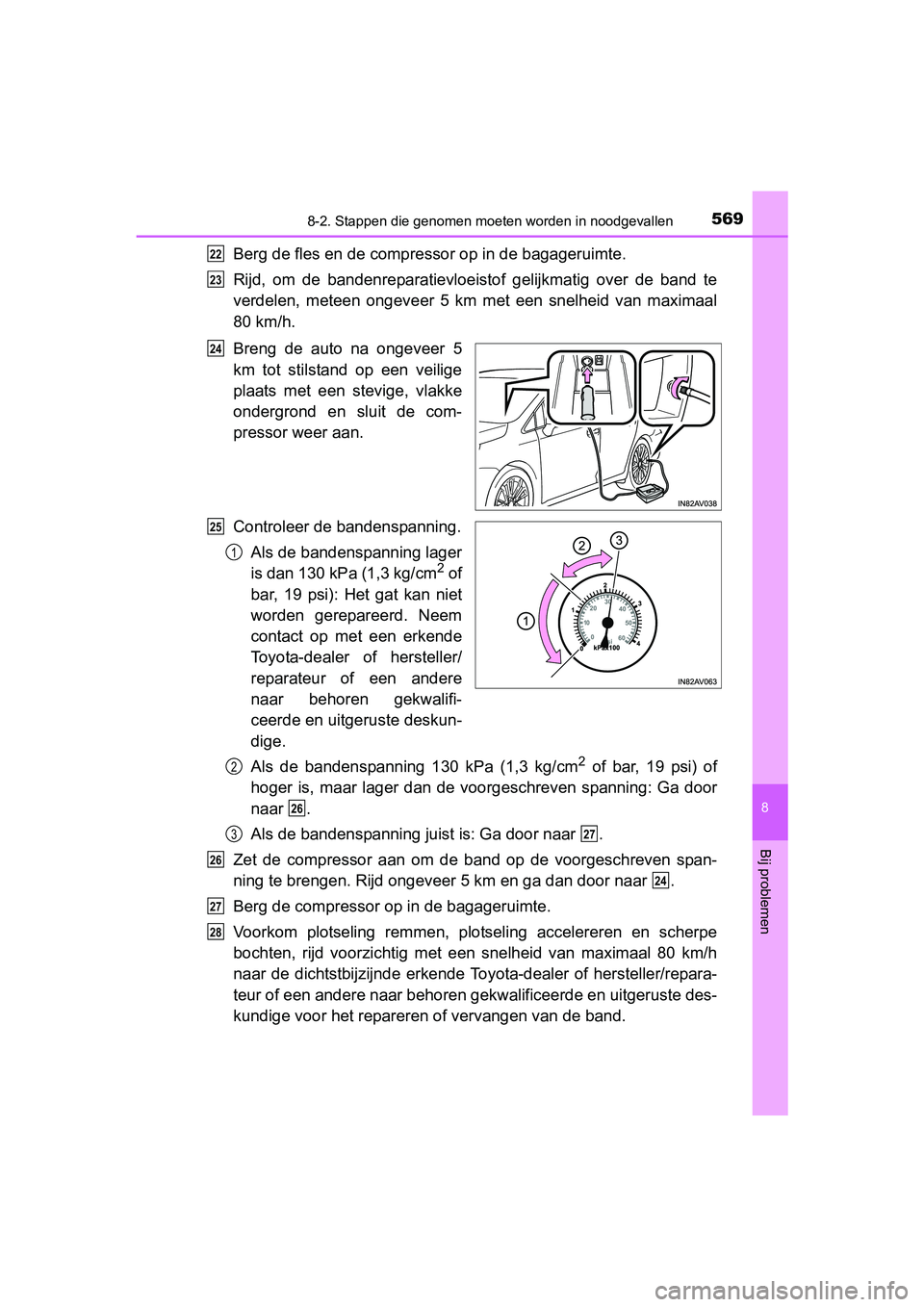 TOYOTA AVENSIS 2016 Instructieboekje (in Dutch) 5698-2. Stappen die genomen moeten worden in noodgevallen
AVENSIS_OM_OM20C20E_(EE)
8
Bij problemen
Berg de fles en de compressor op in de bagageruimte.
Rijd, om de bandenreparatievloeistof gelijkmatig TOYOTA AVENSIS 2016 Instructieboekje (in Dutch) 5698-2. Stappen die genomen moeten worden in noodgevallen
AVENSIS_OM_OM20C20E_(EE)
8
Bij problemen
Berg de fles en de compressor op in de bagageruimte.
Rijd, om de bandenreparatievloeistof gelijkmatig