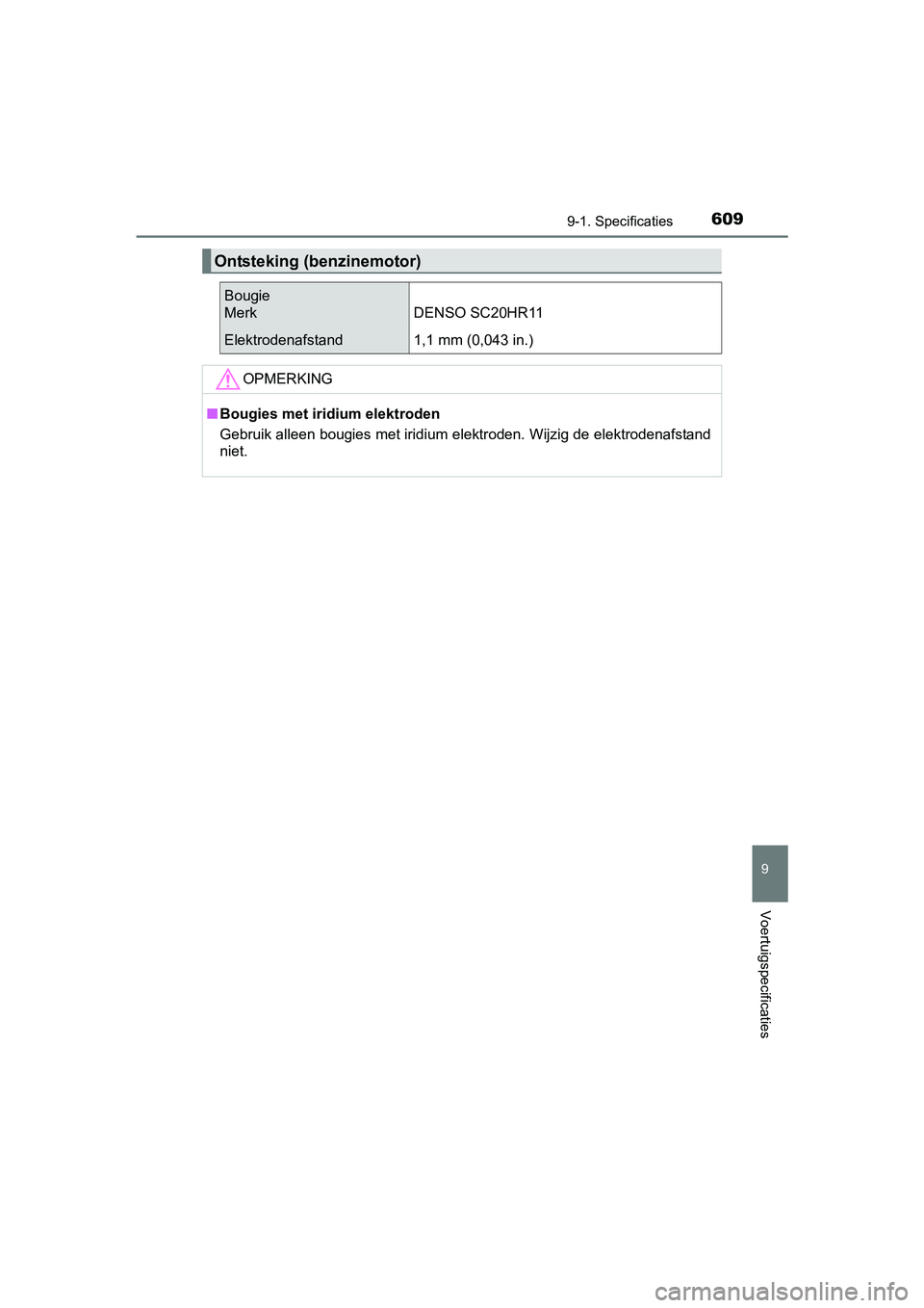 TOYOTA AVENSIS 2016 Instructieboekje (in Dutch) 6099-1. Specificaties
AVENSIS_OM_OM20C20E_(EE)
9
Voertuigspecificaties
Ontsteking (benzinemotor)
Bougie
Merk DENSO SC20HR11
Elektrodenafstand 1,1 mm (0,043 in.)
OPMERKING
■Bougies met iridium elektr TOYOTA AVENSIS 2016 Instructieboekje (in Dutch) 6099-1. Specificaties
AVENSIS_OM_OM20C20E_(EE)
9
Voertuigspecificaties
Ontsteking (benzinemotor)
Bougie
Merk DENSO SC20HR11
Elektrodenafstand 1,1 mm (0,043 in.)
OPMERKING
■Bougies met iridium elektr
