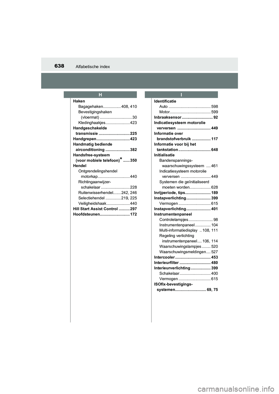 TOYOTA AVENSIS 2016 Instructieboekje (in Dutch) 638Alfabetische index
AVENSIS_OM_OM20C20E_(EE)
HakenBagagehaken ................ 408, 410
Bevestigingshaken
(vloermat) ............................. 30
Kledinghaakjes...................... 423
Handge TOYOTA AVENSIS 2016 Instructieboekje (in Dutch) 638Alfabetische index
AVENSIS_OM_OM20C20E_(EE)
HakenBagagehaken ................ 408, 410
Bevestigingshaken
(vloermat) ............................. 30
Kledinghaakjes...................... 423
Handge