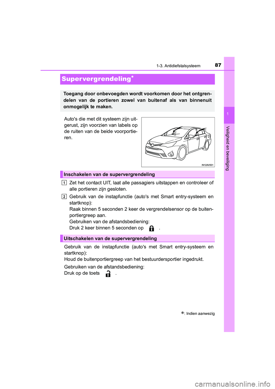 TOYOTA AVENSIS 2016 Instructieboekje (in Dutch) 87
1
1-3. Antidiefstalsysteem
AVENSIS_OM_OM20C20E_(EE)
Veiligheid en beveiliging
Super vergrendeling
Autos die met dit systeem zijn uit-
gerust, zijn voorzien van labels op
de ruiten van de beide TOYOTA AVENSIS 2016 Instructieboekje (in Dutch) 87
1
1-3. Antidiefstalsysteem
AVENSIS_OM_OM20C20E_(EE)
Veiligheid en beveiliging
Super vergrendeling
Autos die met dit systeem zijn uit-
gerust, zijn voorzien van labels op
de ruiten van de beide