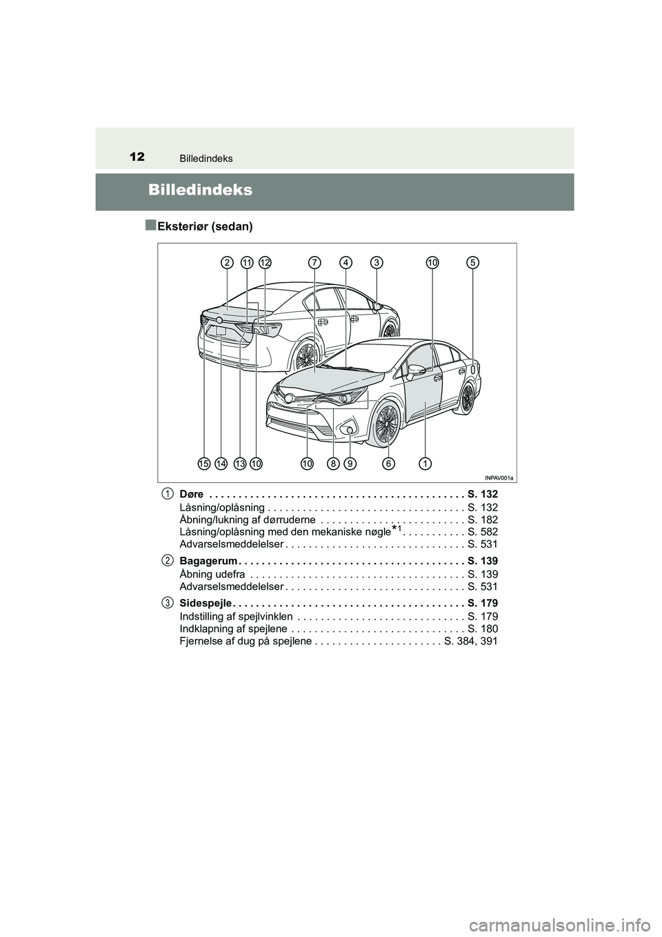 TOYOTA AVENSIS 2016 Brugsanvisning (in Danish) 12Billedindeks
OM20C20DK
Billedindeks
■
Eksteriør (sedan)
Døre . . . . . . . . . . . . . . . . . . . . . . . . . . . . . . . . . . . . . . . . . . . . S. 132
Låsning/oplåsning . . . . . . . . . TOYOTA AVENSIS 2016 Brugsanvisning (in Danish) 12Billedindeks
OM20C20DK
Billedindeks
■
Eksteriør (sedan)
Døre . . . . . . . . . . . . . . . . . . . . . . . . . . . . . . . . . . . . . . . . . . . . S. 132
Låsning/oplåsning . . . . . . . . .