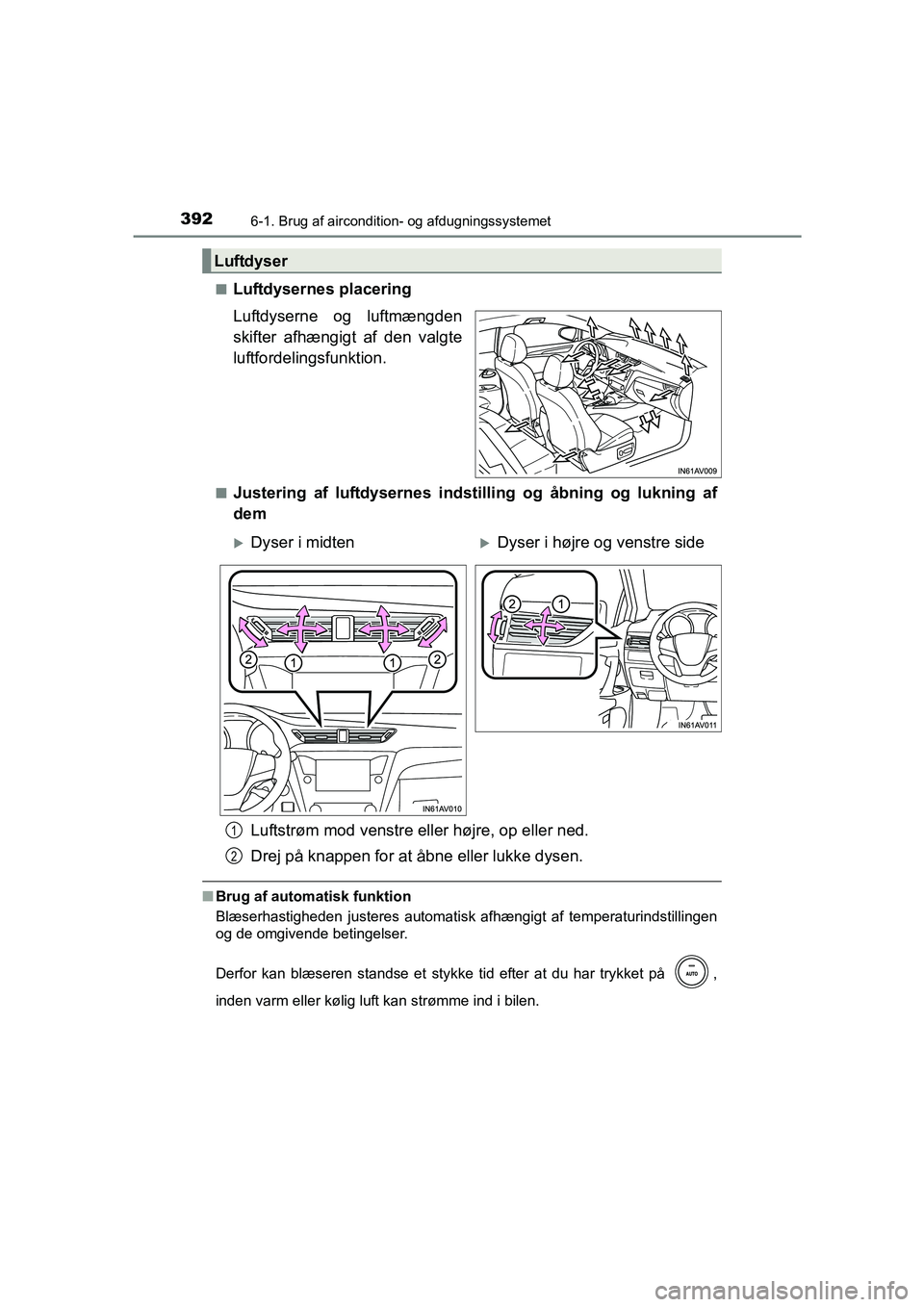 TOYOTA AVENSIS 2016 Brugsanvisning (in Danish) 3926-1. Brug af aircondition- og afdugningssystemet
OM20C20DK■
Luftdysernes placering
Luftdyserne og luftmængden
skifter afhængigt af den valgte
luftfordelingsfunktion.
■Justering af luftdyserne TOYOTA AVENSIS 2016 Brugsanvisning (in Danish) 3926-1. Brug af aircondition- og afdugningssystemet
OM20C20DK■
Luftdysernes placering
Luftdyserne og luftmængden
skifter afhængigt af den valgte
luftfordelingsfunktion.
■Justering af luftdyserne