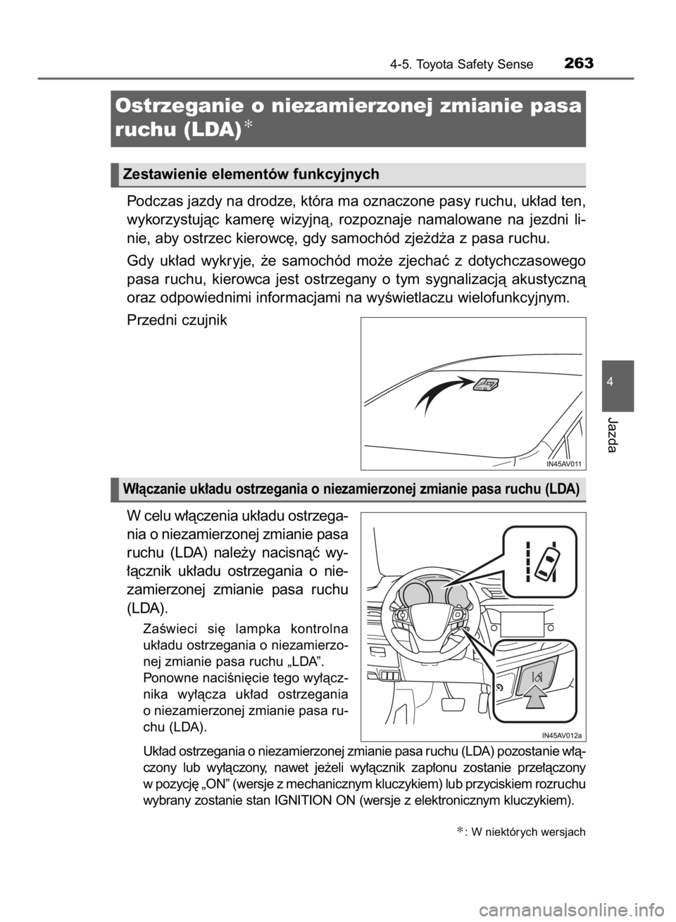 TOYOTA AVENSIS 2016  Instrukcja obsługi (in Polish) Podczas jazdy na drodze, która ma oznaczone pasy ruchu, uk∏ad ten,
wykorzystujàc  kamer´  wizyjnà,  rozpoznaje  namalowane  na  jezdni  li-
nie, aby ostrzec kierowc´, gdy samochód zje˝d˝a z 