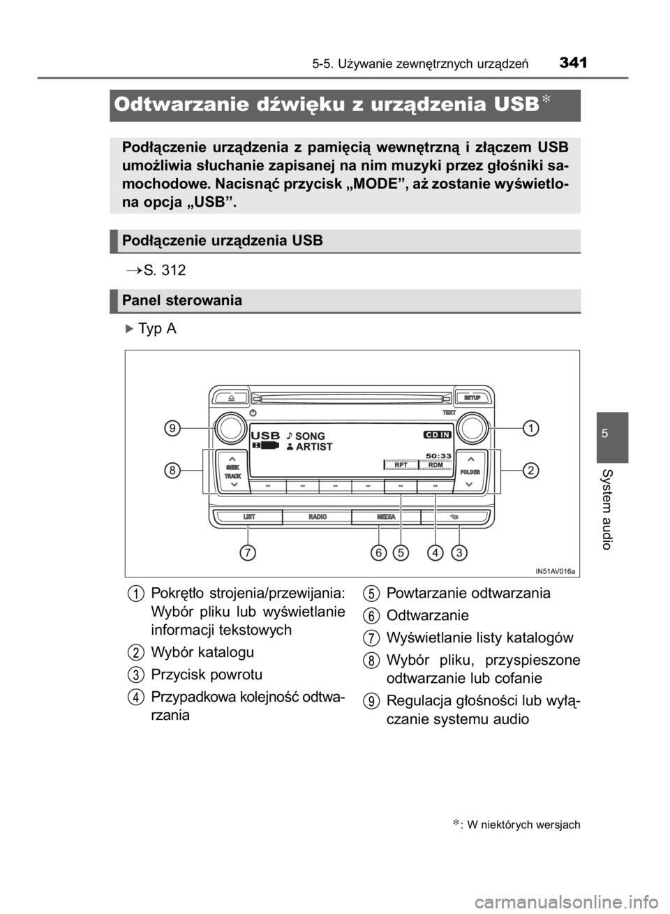 TOYOTA AVENSIS 2016  Instrukcja obsługi (in Polish) S. 312
ó Typ A
5-5. U˝ywanie zewn´trznych urzàdzeƒ341
5
System audio
Odtwarzanie dêwi´ku z urzàdzenia USB✻
Pod∏àczenie  urzàdzenia  z pami´cià  wewn´trznà  i z∏àczem  USB
umo˝li