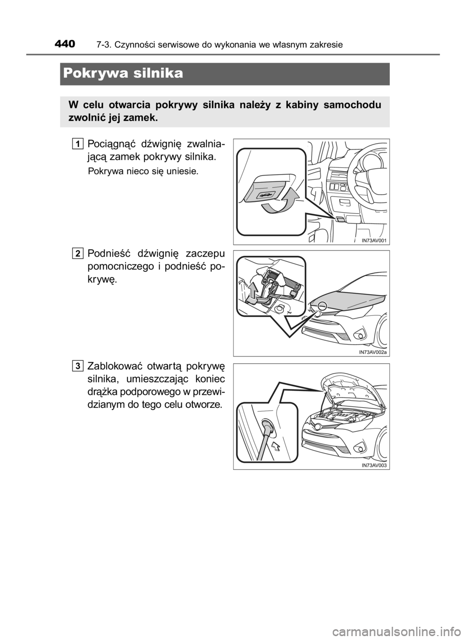 TOYOTA AVENSIS 2016  Instrukcja obsługi (in Polish) Pociàgnàç  dêwigni´  zwalnia-
jàcà zamek pokrywy silnika.
Pokrywa nieco si´ uniesie.
PodnieÊç  dêwigni´  zaczepu
pomocniczego  i podnieÊç  po-
kryw´.
Zablokowaç  otwar tà  pokryw´
si