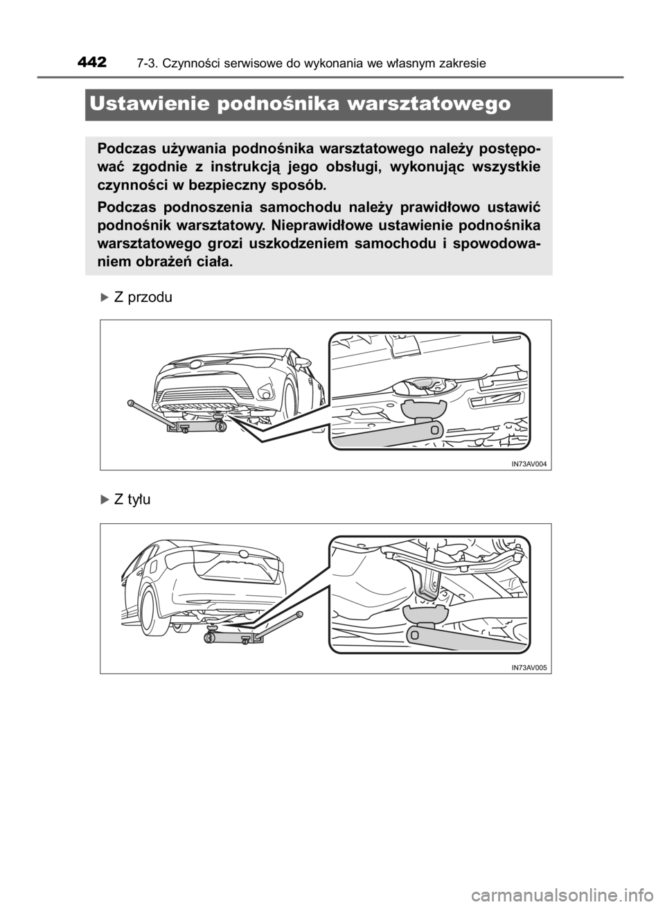 TOYOTA AVENSIS 2016  Instrukcja obsługi (in Polish) óZ przodu
óZ ty∏u
4427-3. CzynnoÊci serwisowe do wykonania we w∏asnym zakresie
Ustawienie podnoÊnika warsztatowego
Podczas  u˝ywania  podnoÊnika  warsztatowego  nale˝y  post´po-
waç  zgod