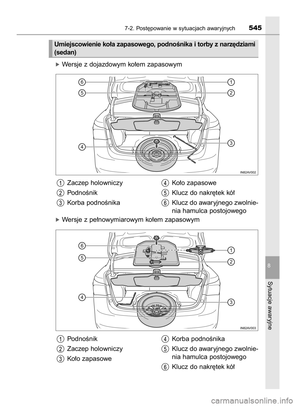 TOYOTA AVENSIS 2016  Instrukcja obsługi (in Polish) óWersje z dojazdowym ko∏em zapasowym
óWersje z pe∏nowymiarowym ko∏em zapasowym
7-2. Post´powanie w sytuacjach awaryjnych545
8
Sytuacje awaryjne
Umiejscowienie ko∏a zapasowego, podnoÊnika i