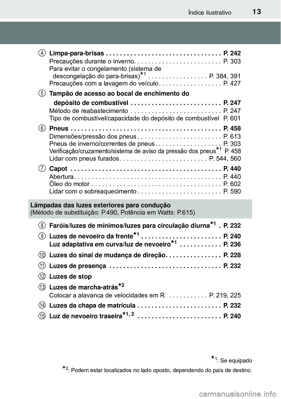 TOYOTA AVENSIS 2016 Manual de utilização (in Portuguese) 13Índice ilustrativo
Limpa-para-brisas . . . . . . . . . . . . . . . . . . . . . . . . . . . . . . . . . P. 242
Precauções durante o inverno. . . . . . . . . . . . . . . . . . . . . . . . . P. 30 TOYOTA AVENSIS 2016 Manual de utilização (in Portuguese) 13Índice ilustrativo
Limpa-para-brisas . . . . . . . . . . . . . . . . . . . . . . . . . . . . . . . . . P. 242
Precauções durante o inverno. . . . . . . . . . . . . . . . . . . . . . . . . P. 30
