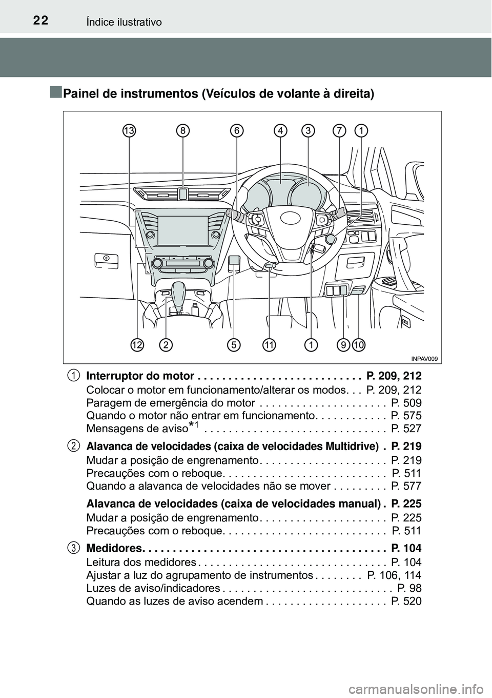 TOYOTA AVENSIS 2016  Manual de utilização (in Portuguese) 22Índice ilustrativo
nPainel de instrumentos (Veículos de volante à direita)
Interruptor do motor . . . . . . . . . . . . . . . . . . . . . . . . . . .  P. 209, 212
Colocar o motor em funcionamento