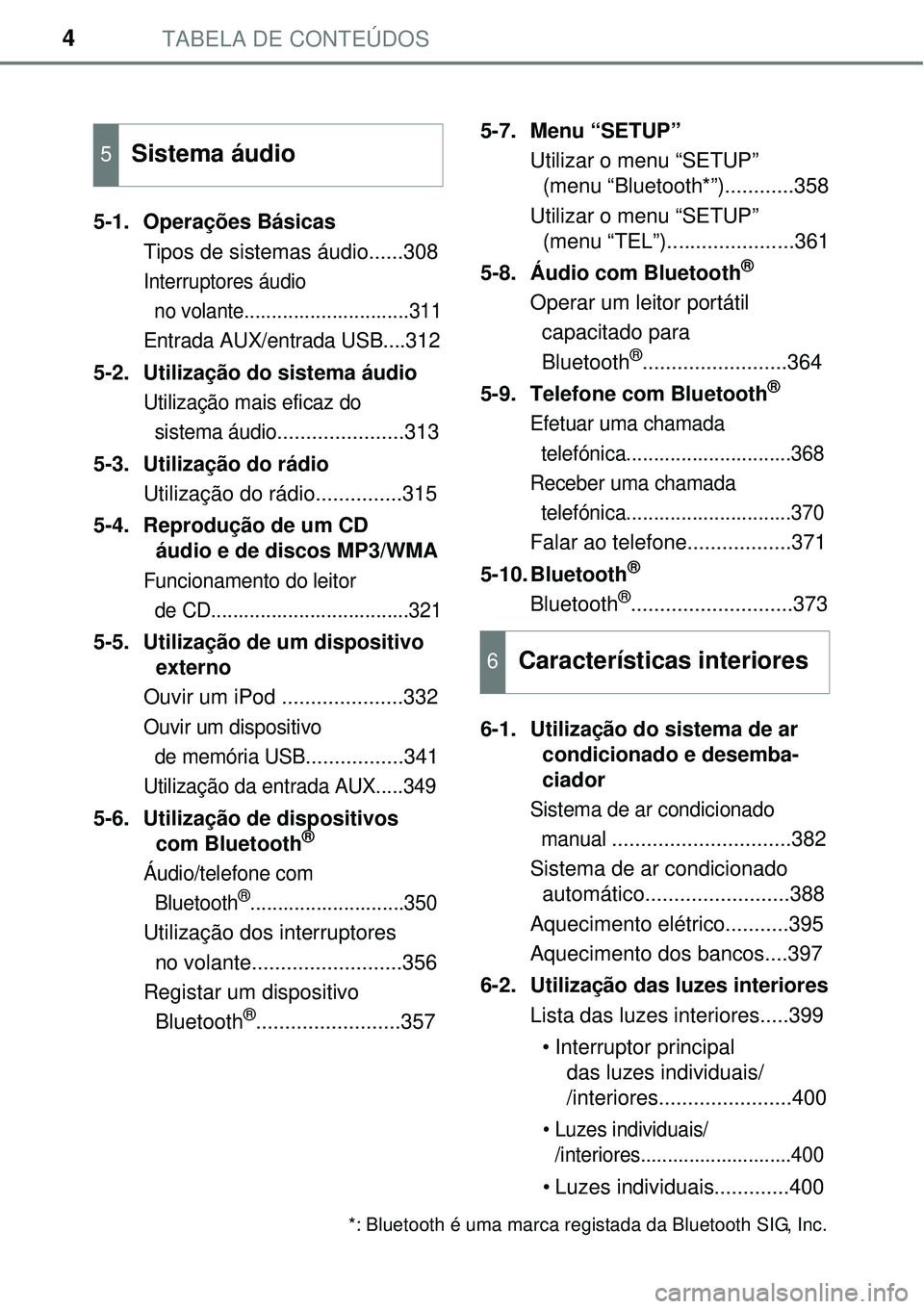 TOYOTA AVENSIS 2016 Manual de utilização (in Portuguese) TABELA DE CONTEÚDOS4
5-1. Operações Básicas
Tipos de sistemas áudio......308
Interruptores áudio
no volante
..............................311
Entrada AUX/entrada USB....312
5-2. Utilização TOYOTA AVENSIS 2016 Manual de utilização (in Portuguese) TABELA DE CONTEÚDOS4
5-1. Operações Básicas
Tipos de sistemas áudio......308
Interruptores áudio
no volante
..............................311
Entrada AUX/entrada USB....312
5-2. Utilização