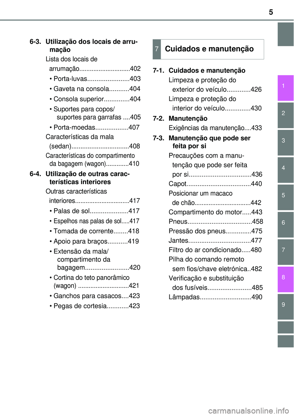 TOYOTA AVENSIS 2016 Manual de utilização (in Portuguese) 5
1
8 6 5
4
3
2
9
7
6-3. Utilização dos locais de arru-
mação
Lista dos locais de
arrumação.............................402
• Porta-luvas.......................403
• Gaveta na consola.... TOYOTA AVENSIS 2016 Manual de utilização (in Portuguese) 5
1
8 6 5
4
3
2
9
7
6-3. Utilização dos locais de arru-
mação
Lista dos locais de
arrumação.............................402
• Porta-luvas.......................403
• Gaveta na consola....