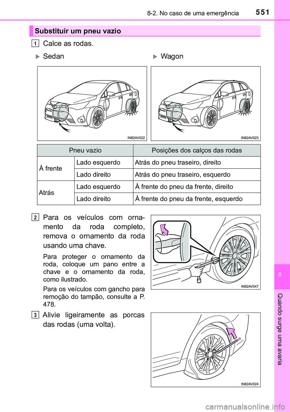 TOYOTA AVENSIS 2016 Manual de utilização (in Portuguese) 5518-2. No caso de uma emergência
8
Quando surge uma avaria
Calce as rodas.
Para os veículos com orna-
mento da roda completo,
remova o ornamento da roda
usando uma chave.
Para proteger o ornamento TOYOTA AVENSIS 2016 Manual de utilização (in Portuguese) 5518-2. No caso de uma emergência
8
Quando surge uma avaria
Calce as rodas.
Para os veículos com orna-
mento da roda completo,
remova o ornamento da roda
usando uma chave.
Para proteger o ornamento