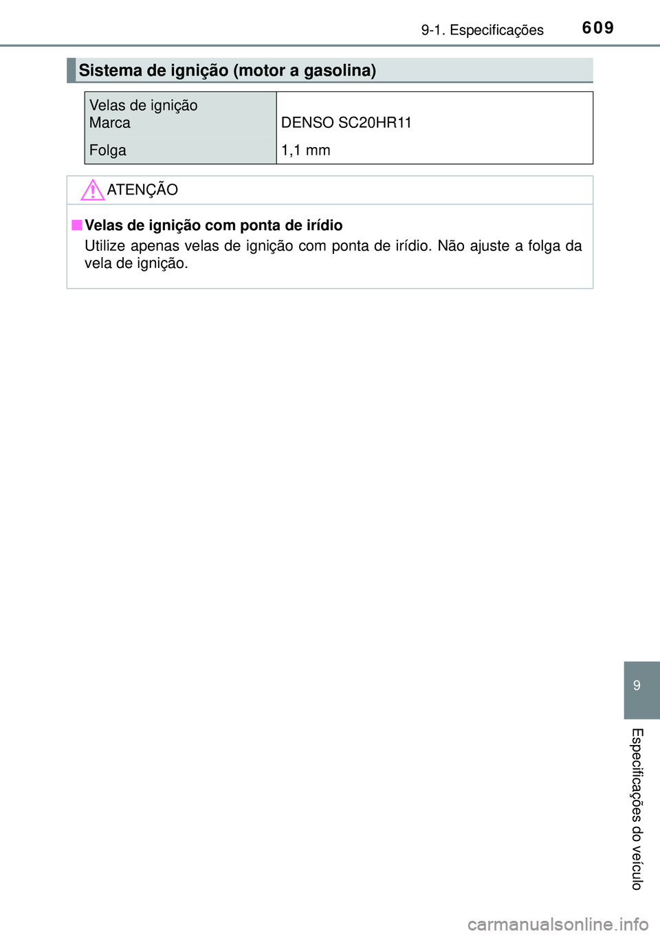 TOYOTA AVENSIS 2016 Manual de utilização (in Portuguese) 6099-1. Especificações
9
Especificações do veículo
Sistema de ignição (motor a gasolina)
Velas de ignição
Marca DENSO SC20HR11
Folga 1,1 mm
ATENÇÃO
nVelas de ignição com ponta de irídi TOYOTA AVENSIS 2016 Manual de utilização (in Portuguese) 6099-1. Especificações
9
Especificações do veículo
Sistema de ignição (motor a gasolina)
Velas de ignição
Marca DENSO SC20HR11
Folga 1,1 mm
ATENÇÃO
nVelas de ignição com ponta de irídi