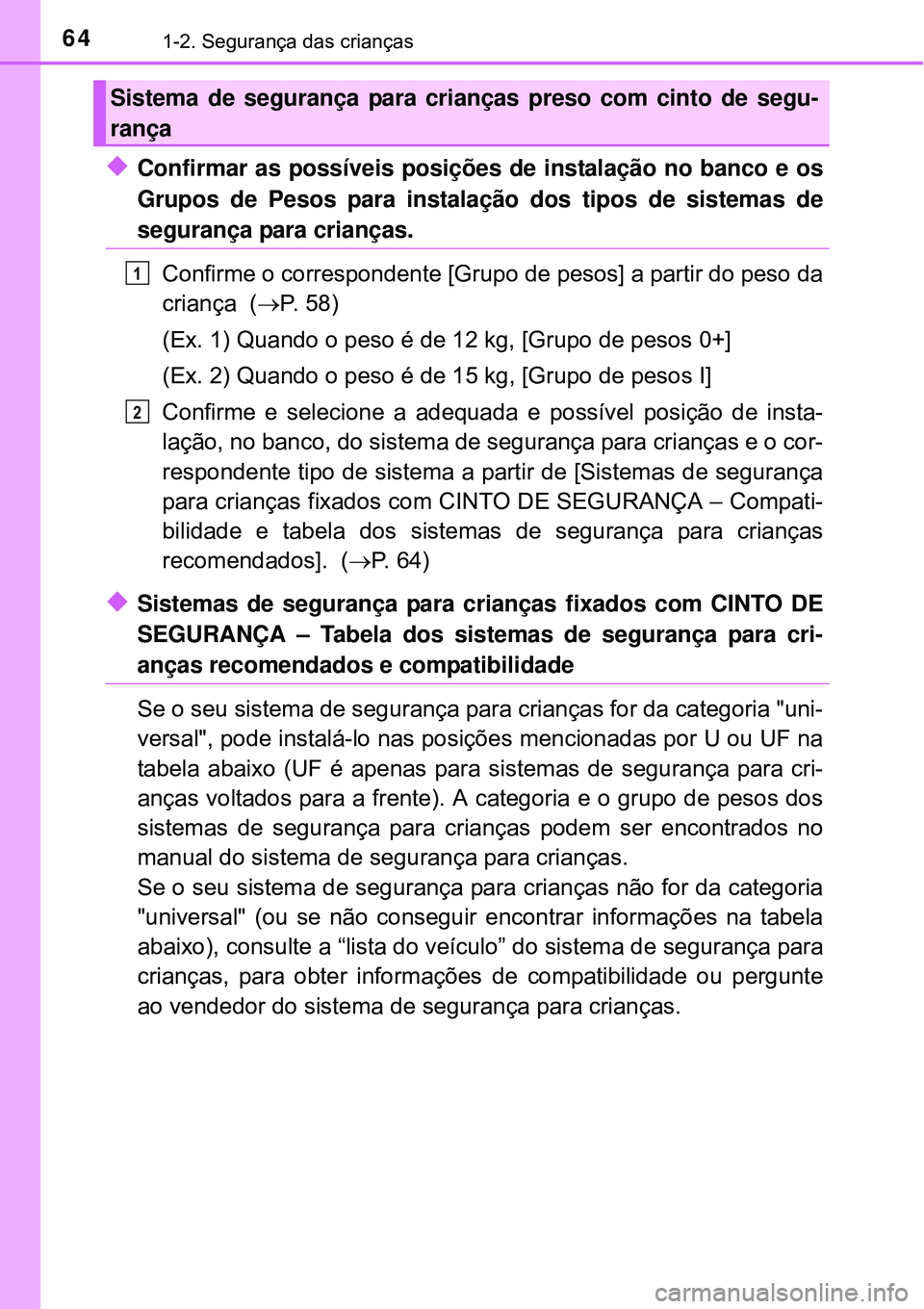 TOYOTA AVENSIS 2016 Manual de utilização (in Portuguese) 641-2. Segurança das crianças
uConfirmar as possíveis posições de instalação no banco e os
Grupos de Pesos para instalação dos tipos de sistemas de
segurança para crianças.
Confirme o corre TOYOTA AVENSIS 2016 Manual de utilização (in Portuguese) 641-2. Segurança das crianças
uConfirmar as possíveis posições de instalação no banco e os
Grupos de Pesos para instalação dos tipos de sistemas de
segurança para crianças.
Confirme o corre