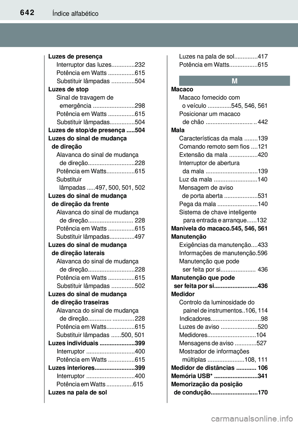 TOYOTA AVENSIS 2016 Manual de utilização (in Portuguese) 642Índice alfabético
Luzes de presença
Interruptor das luzes..............232
Potência em Watts ................615
Substituir lâmpadas ..............504
Luzes de stop
Sinal de travagem de
em TOYOTA AVENSIS 2016 Manual de utilização (in Portuguese) 642Índice alfabético
Luzes de presença
Interruptor das luzes..............232
Potência em Watts ................615
Substituir lâmpadas ..............504
Luzes de stop
Sinal de travagem de
em