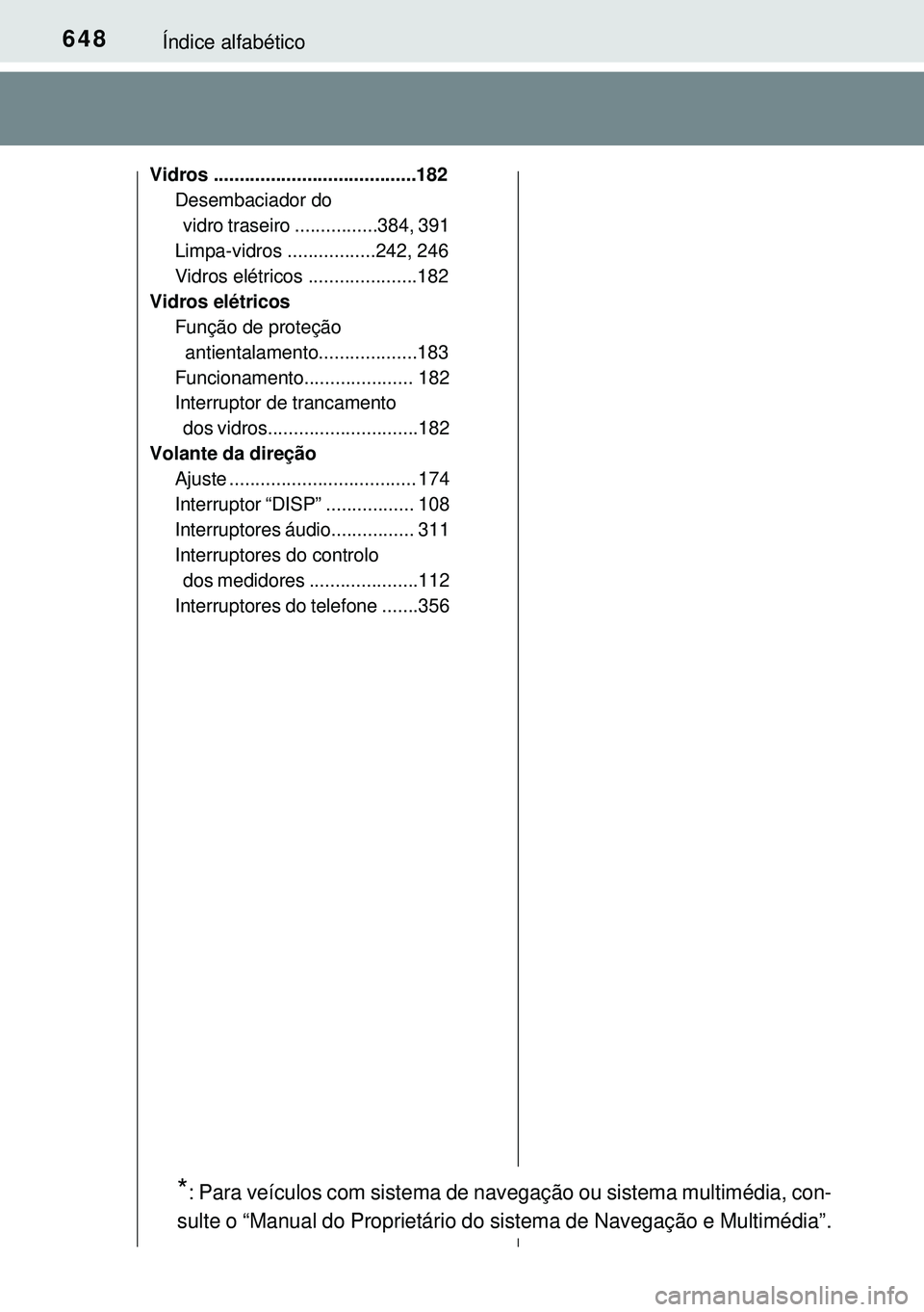 TOYOTA AVENSIS 2016 Manual de utilização (in Portuguese) 648Índice alfabético
Vidros .......................................182
Desembaciador do
vidro traseiro ................384, 391
Limpa-vidros .................242, 246
Vidros elétricos ........... TOYOTA AVENSIS 2016 Manual de utilização (in Portuguese) 648Índice alfabético
Vidros .......................................182
Desembaciador do
vidro traseiro ................384, 391
Limpa-vidros .................242, 246
Vidros elétricos ...........