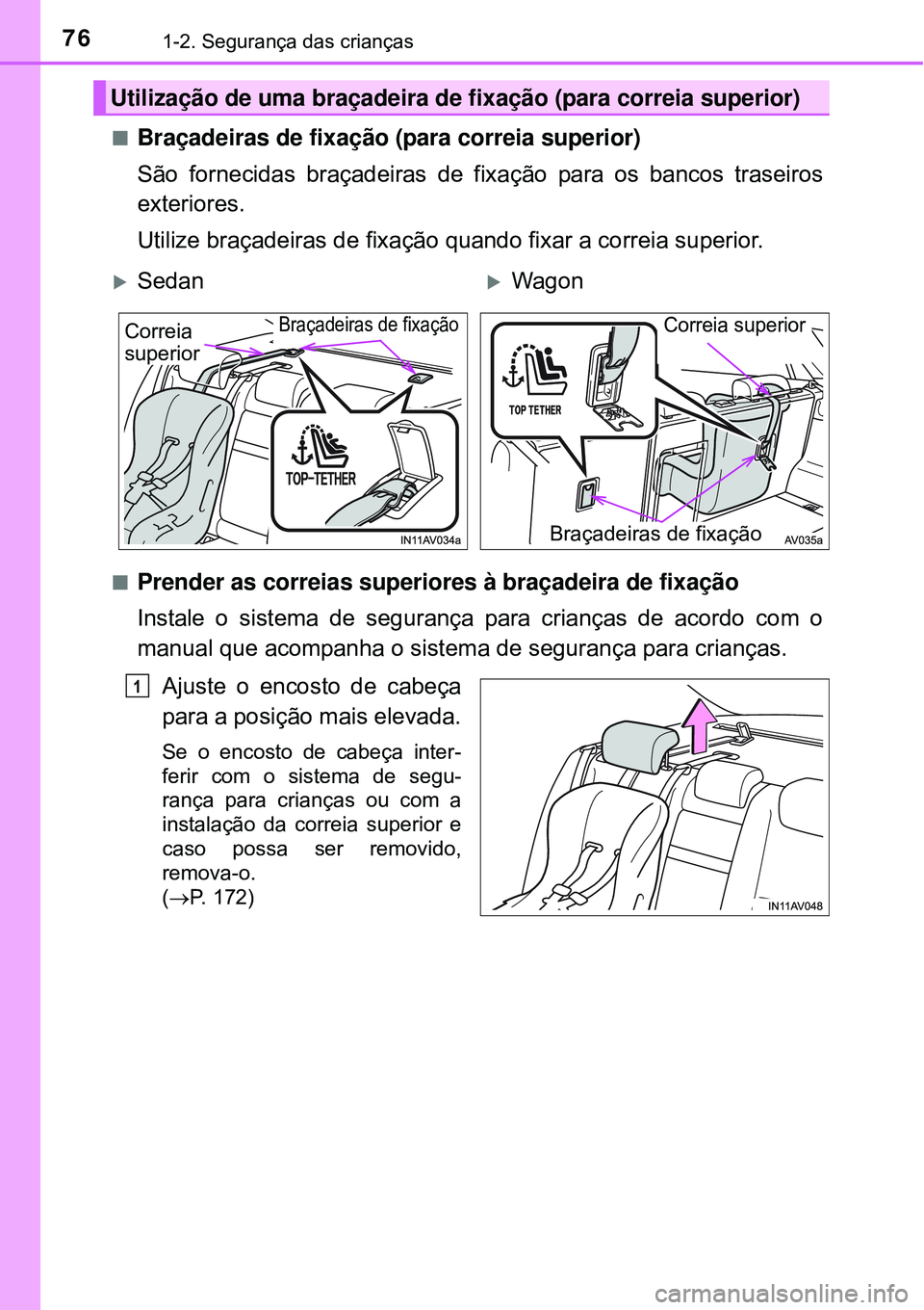 TOYOTA AVENSIS 2016 Manual de utilização (in Portuguese) 761-2. Segurança das crianças
nBraçadeiras de fixação (para correia superior)
São fornecidas braçadeiras de fixação para os bancos traseiros
exteriores.
Utilize braçadeiras de fixação quan TOYOTA AVENSIS 2016 Manual de utilização (in Portuguese) 761-2. Segurança das crianças
nBraçadeiras de fixação (para correia superior)
São fornecidas braçadeiras de fixação para os bancos traseiros
exteriores.
Utilize braçadeiras de fixação quan