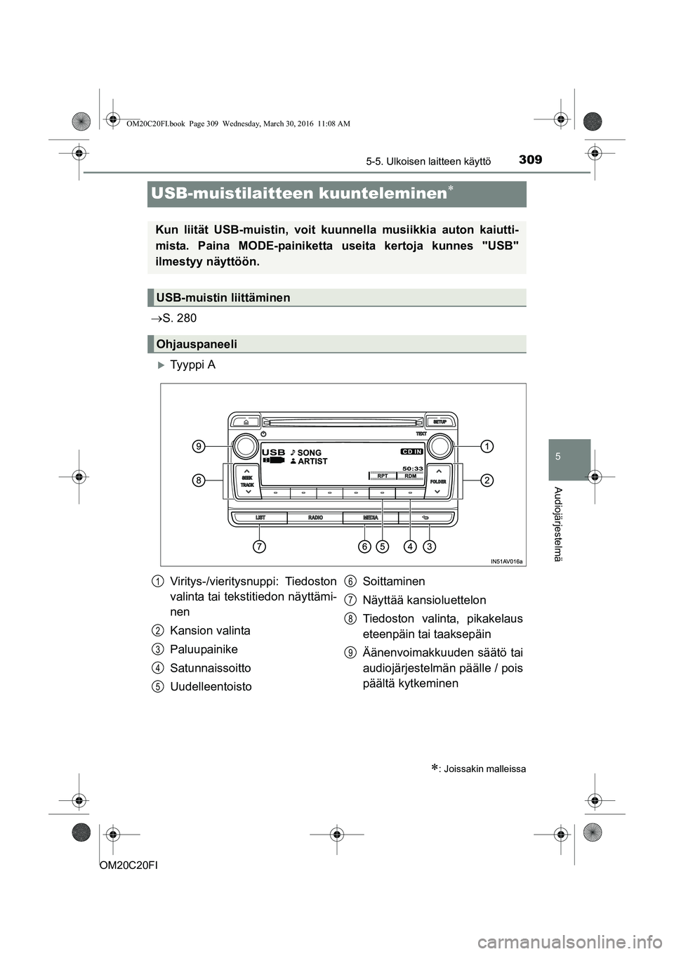 TOYOTA AVENSIS 2016  Omistajan Käsikirja (in Finnish) 309
5
5-5. Ulkoisen laitteen käyttö
Audiojärjestelmä
OM20C20FI
USB-muistilaitteen kuunteleminen
S. 280
Ty y p p i  A
: Joissakin malleissa
Kun liität USB-muistin, voit kuunnella musii