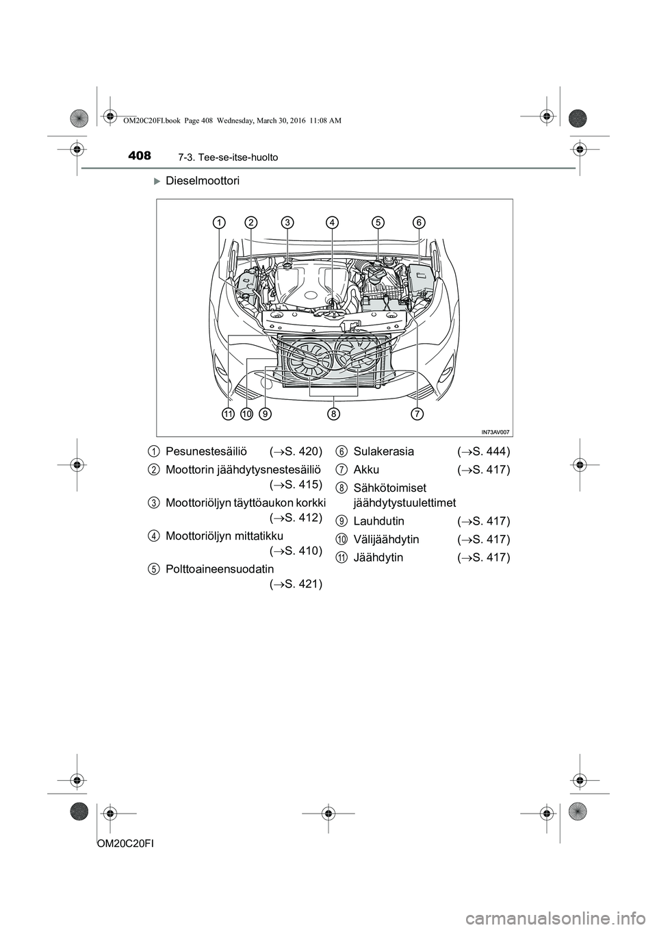 TOYOTA AVENSIS 2016  Omistajan Käsikirja (in Finnish) 4087-3. Tee-se-itse-huolto
OM20C20FI
Dieselmoottori
Pesunestesäiliö (S. 420)
Moottorin jäähdytysnestesäiliö  ( S. 415)
Moottoriöljyn täyttöaukon korkki  ( S. 412)
Moottoriöljyn m