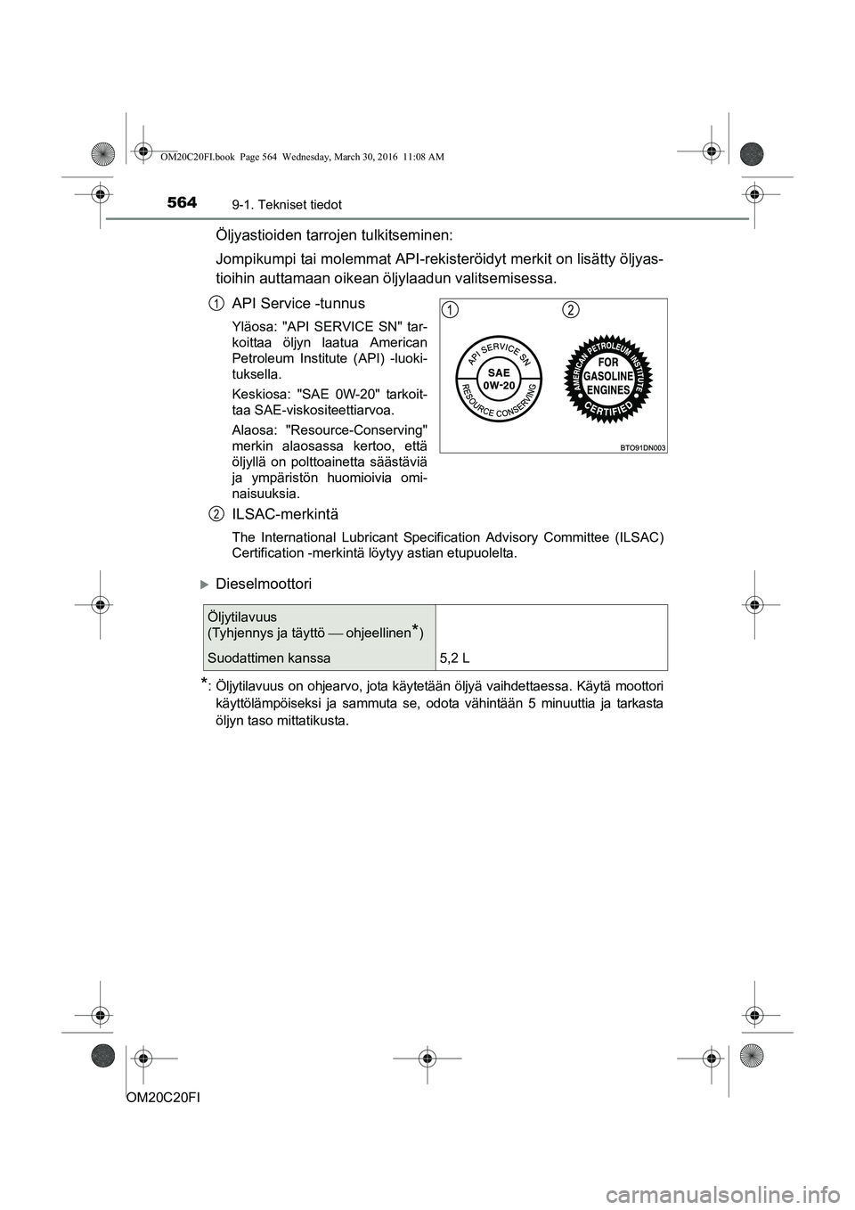 TOYOTA AVENSIS 2016  Omistajan Käsikirja (in Finnish) 5649-1. Tekniset tiedot
OM20C20FI
Öljyastioiden tarrojen tulkitseminen:
Jompikumpi tai molemmat API-rekisteröidyt merkit on lisätty öljyas-
tioihin auttamaan oikean öljylaadun valitsemisessa.
API