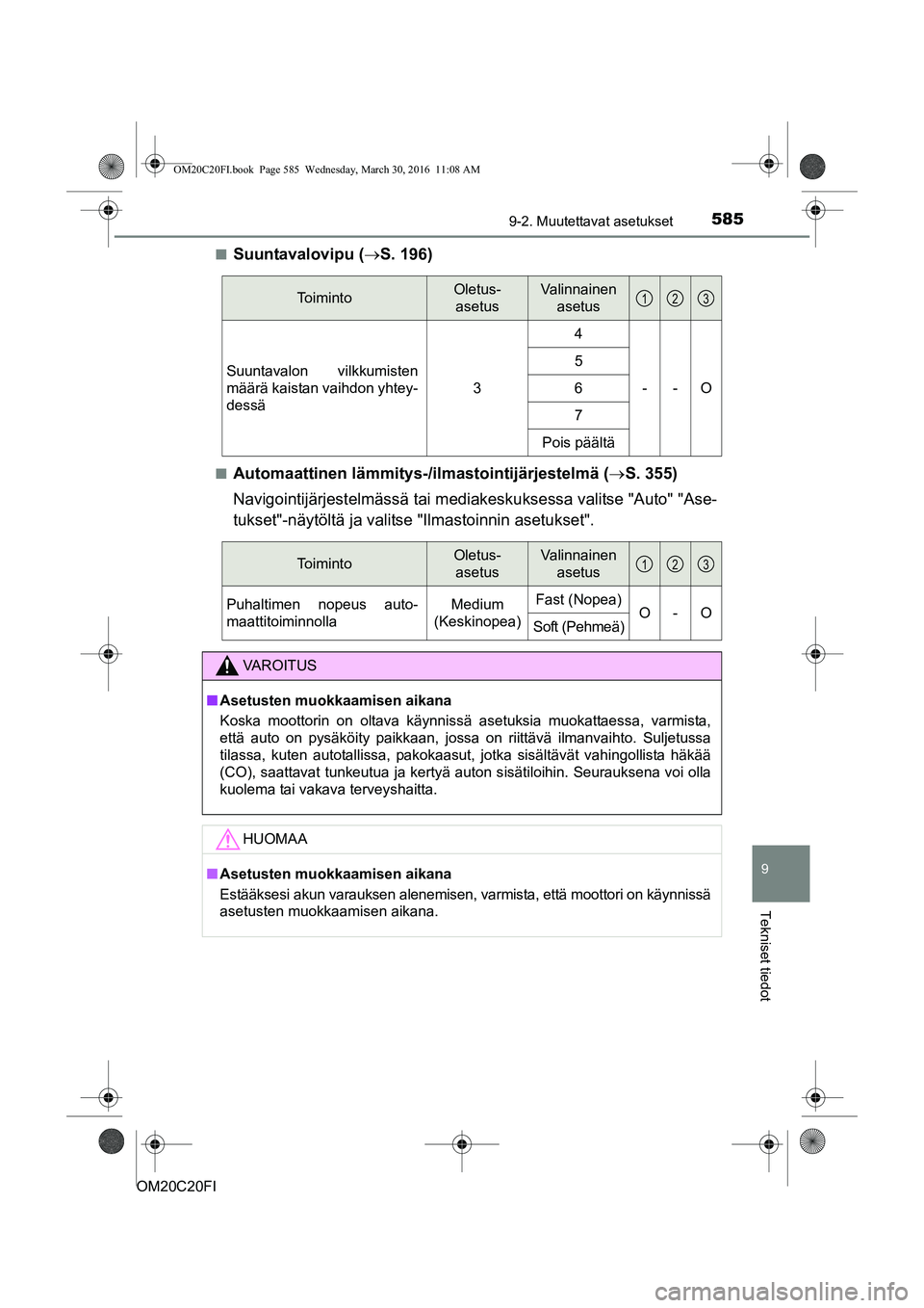 TOYOTA AVENSIS 2016  Omistajan Käsikirja (in Finnish) 5859-2. Muutettavat asetukset
OM20C20FI
9
Tekniset tiedot
nSuuntavalovipu (S. 196)
nAutomaattinen lämmitys-/ilmastointijärjestelmä ( S. 355)
Navigointijärjestelmässä tai mediak eskuksessa 