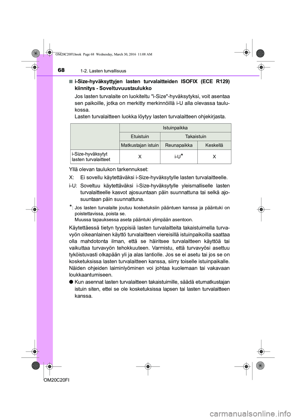 TOYOTA AVENSIS 2016 Omistajan Käsikirja (in Finnish) 681-2. Lasten turvallisuus
OM20C20FIn
i-Size-hyväksyttyjen lasten turval
aitteiden ISOFIX (ECE R129)
kiinnitys - Soveltuvuustaulukko
Jos lasten turvalaite on luokiteltu "i-Size"-hyväksytyksi, voit TOYOTA AVENSIS 2016 Omistajan Käsikirja (in Finnish) 681-2. Lasten turvallisuus
OM20C20FIn
i-Size-hyväksyttyjen lasten turval
aitteiden ISOFIX (ECE R129)
kiinnitys - Soveltuvuustaulukko
Jos lasten turvalaite on luokiteltu "i-Size"-hyväksytyksi, voit