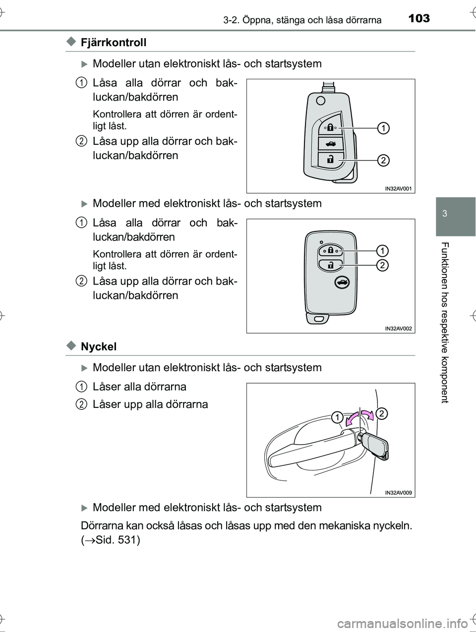 TOYOTA AVENSIS 2016  Bruksanvisningar (in Swedish) 1033-2. Öppna, stänga och låsa dörrarna
3
Funktionen hos respektive komponent
OM20C20SE
uFjärrkontroll
Modeller utan elektroniskt lås- och startsystem
Låsa alla dörrar och bak-
luckan/bakd