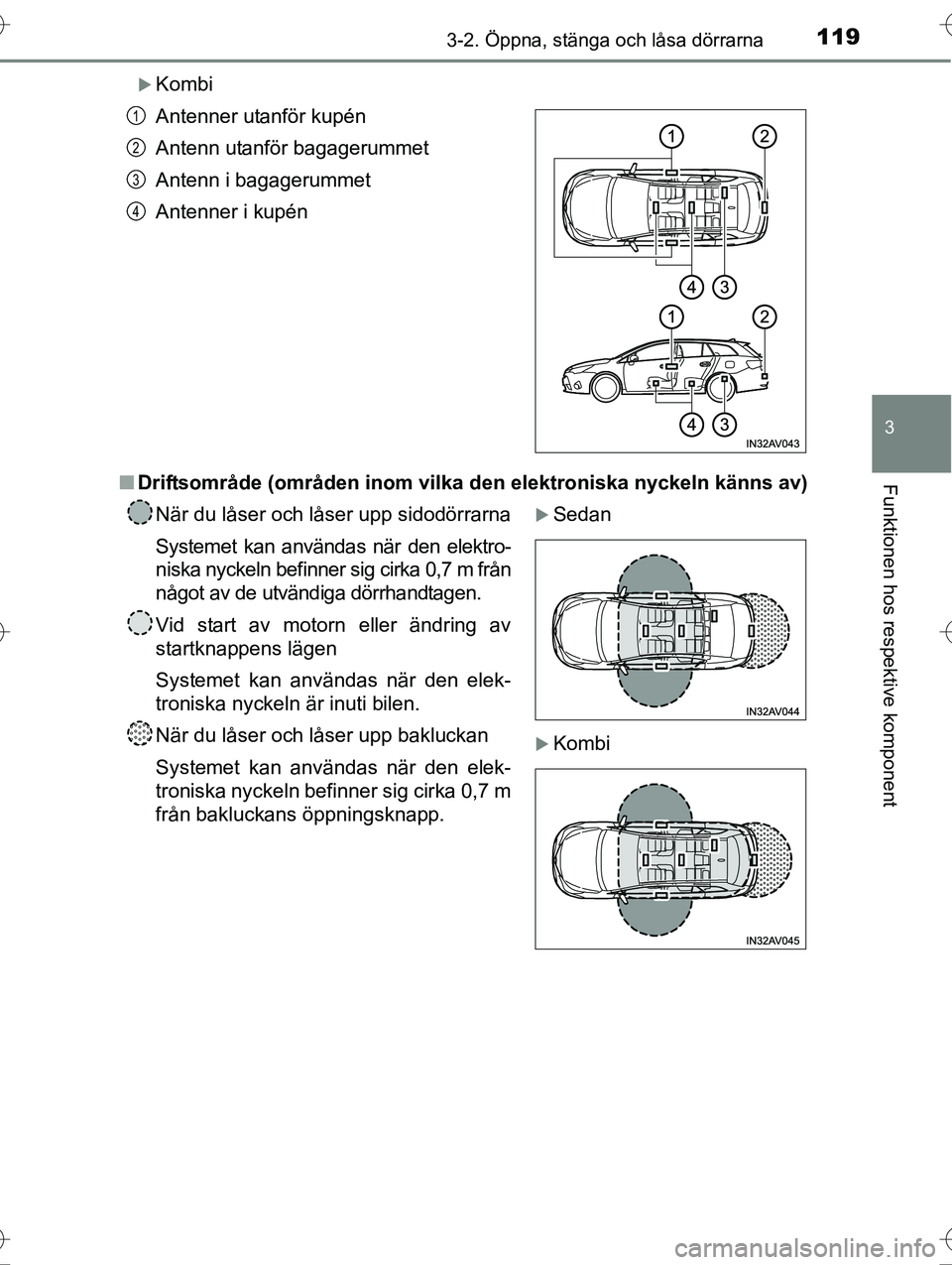 TOYOTA AVENSIS 2016 Bruksanvisningar (in Swedish) 1193-2. Öppna, stänga och låsa dörrarna
3
Funktionen hos respektive komponent
OM20C20SE
Kombi
n Driftsområde (områden inom vilka den elektroniska nyckeln känns av)Antenner utanför kupén
An TOYOTA AVENSIS 2016 Bruksanvisningar (in Swedish) 1193-2. Öppna, stänga och låsa dörrarna
3
Funktionen hos respektive komponent
OM20C20SE
Kombi
n Driftsområde (områden inom vilka den elektroniska nyckeln känns av)Antenner utanför kupén
An
