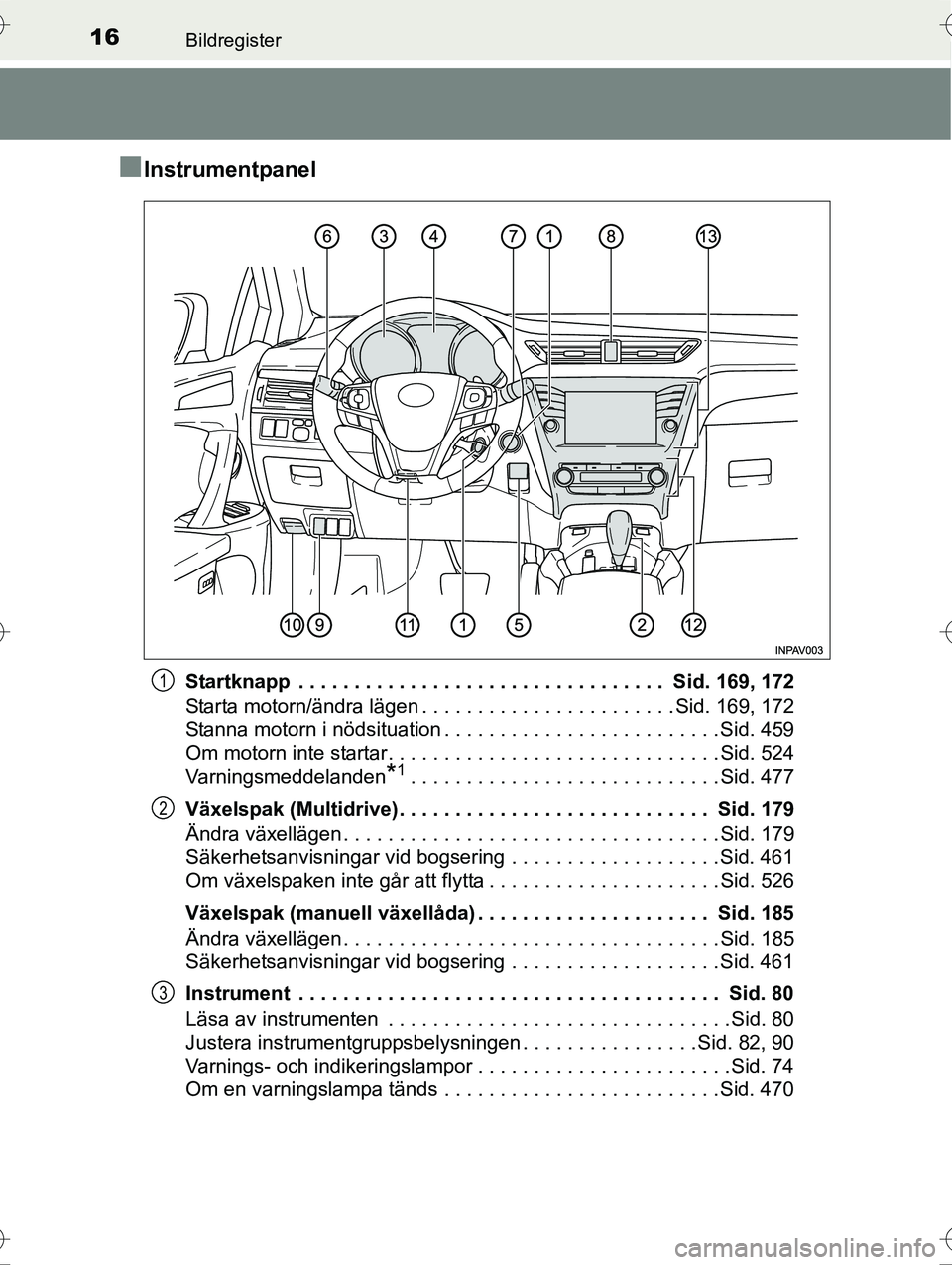 TOYOTA AVENSIS 2016  Bruksanvisningar (in Swedish) 16Bildregister
OM20C20SE
nInstrumentpanel
Startknapp  . . . . . . . . . . . . . . . . . . . . . . . . . . . . . . . . .  Sid. 169, 172
Starta motorn/ändra lägen . . . . . . . . . . . . . . . . . . .