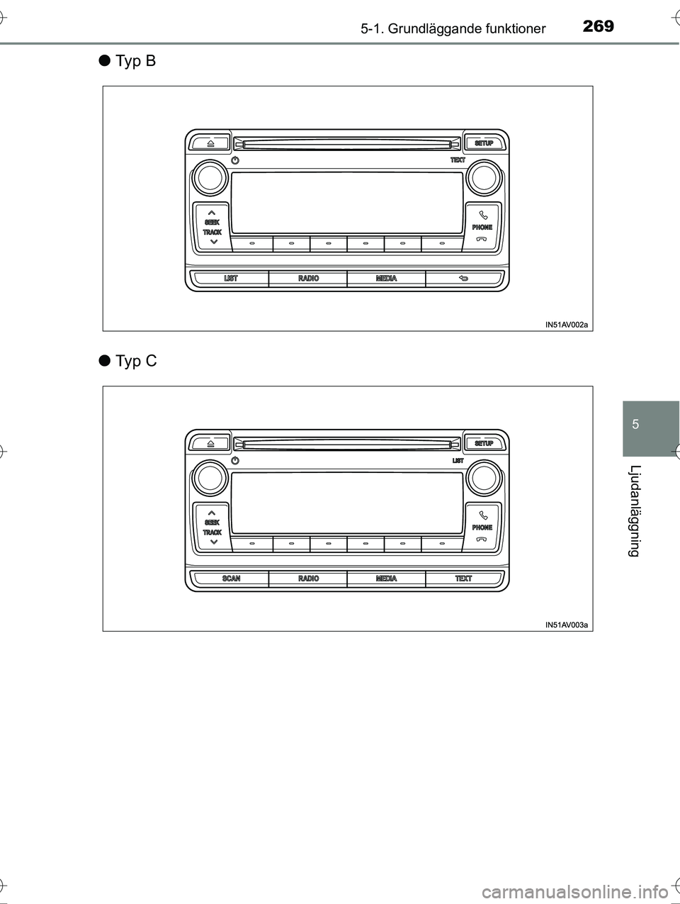 TOYOTA AVENSIS 2016  Bruksanvisningar (in Swedish) 2695-1. Grundläggande funktioner
5
Ljudanläggning
OM20C20SE
lTy p  B
l Ty p  C
OM20C20SE.book  Page 269  We dnesday, March 30, 2016  3:47 PM 