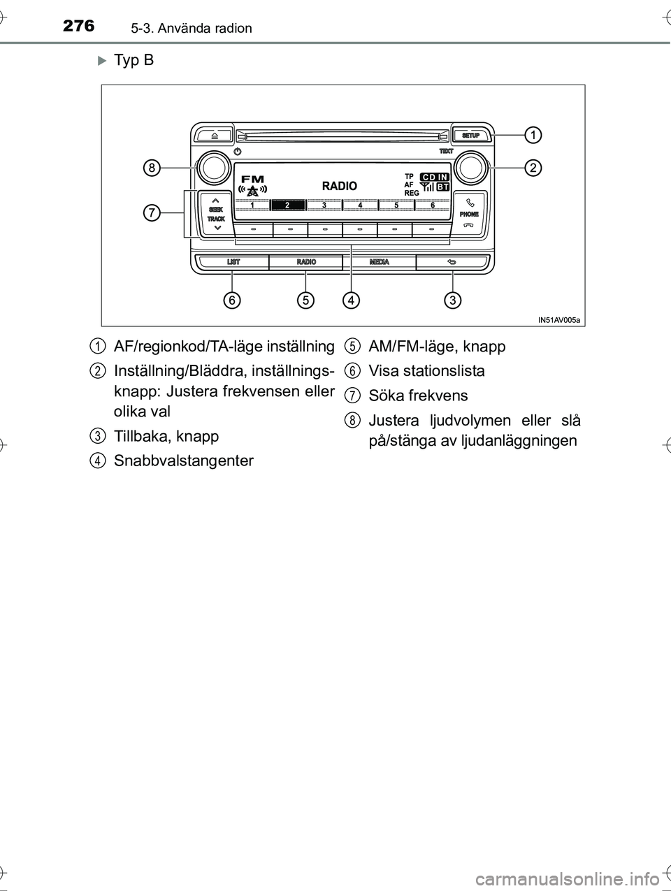 TOYOTA AVENSIS 2016  Bruksanvisningar (in Swedish) 2765-3. Använda radion
OM20C20SE
Ty p  B
AF/regionkod/TA-läge inställning
Inställning/Bläddra, inställnings-
knapp: Justera frekvensen eller
olika val
Tillbaka, knapp
Snabbvalstangenter AM/FM