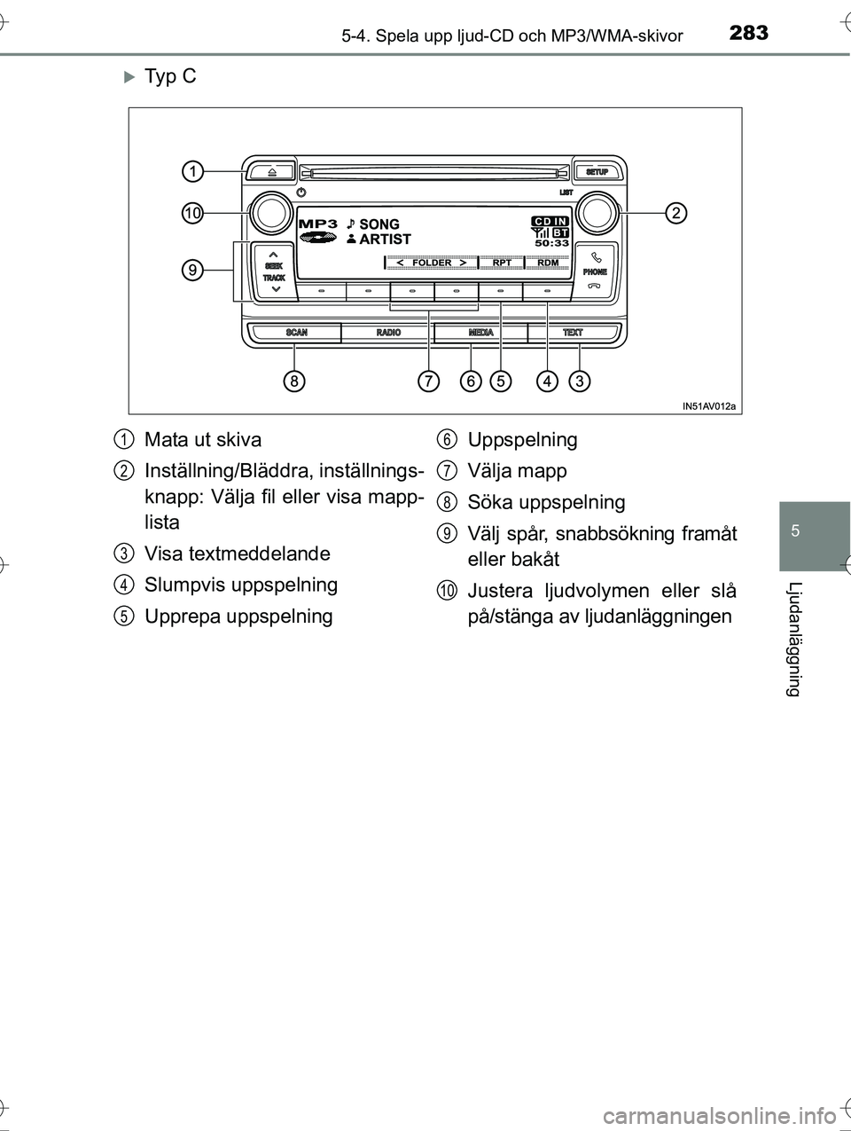 TOYOTA AVENSIS 2016  Bruksanvisningar (in Swedish) 2835-4. Spela upp ljud-CD och MP3/WMA-skivor
5
Ljudanläggning
OM20C20SE
Ty p  C
Mata ut skiva
Inställning/Bläddra, inställnings-
knapp: Välja fil eller visa mapp-
lista
Visa textmeddelande
Slu