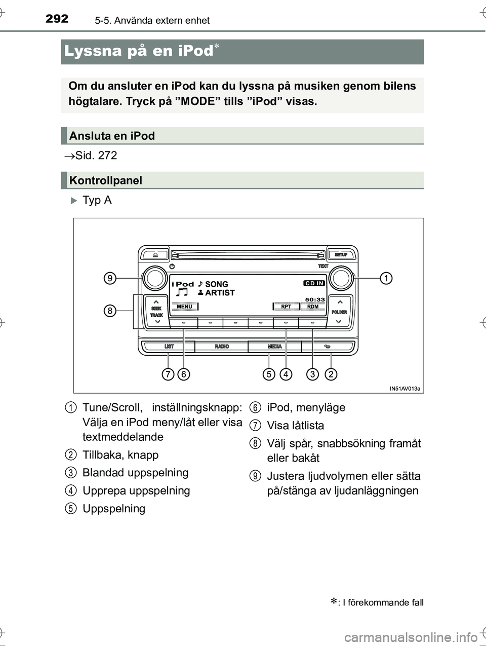 TOYOTA AVENSIS 2016  Bruksanvisningar (in Swedish) 2925-5. Använda extern enhet
OM20C20SE
Lyssna på en iPod
Sid. 272
Ty p  A
: I förekommande fall
Om du ansluter en iPod kan du  lyssna på musiken genom bilens
högtalare. Tryck på ”M