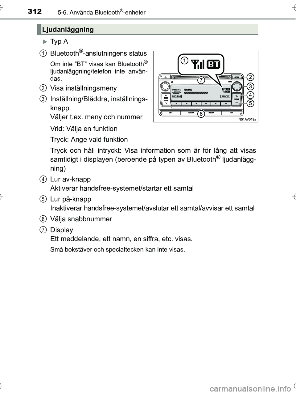 TOYOTA AVENSIS 2016 Bruksanvisningar (in Swedish) 3125-6. Använda Bluetooth®-enheter
OM20C20SE
Ty p A
Bluetooth
®-anslutningens status
Om inte ”BT” visas kan Bluetooth®
ljudanläggning/telefon inte använ-
das.
Visa inställningsmeny
Inst TOYOTA AVENSIS 2016 Bruksanvisningar (in Swedish) 3125-6. Använda Bluetooth®-enheter
OM20C20SE
Ty p A
Bluetooth
®-anslutningens status
Om inte ”BT” visas kan Bluetooth®
ljudanläggning/telefon inte använ-
das.
Visa inställningsmeny
Inst