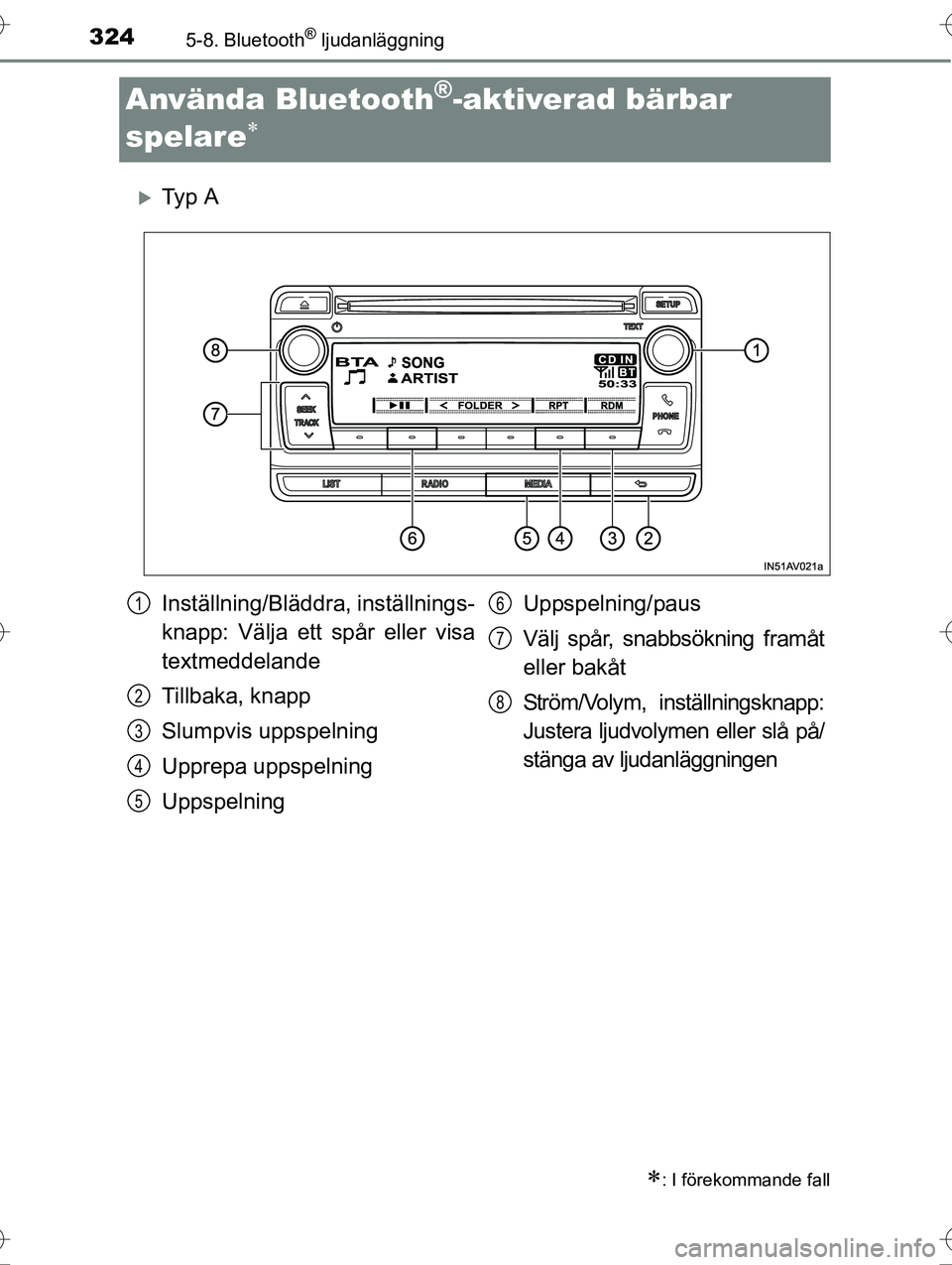 TOYOTA AVENSIS 2016  Bruksanvisningar (in Swedish) 3245-8. Bluetooth® ljudanläggning
OM20C20SE
Använda Bluetooth®-aktiverad bärbar 
spelare

Ty p  A
: I förekommande fall
Inställning/Bläddra, inställnings-
knapp: Välja ett spår ell