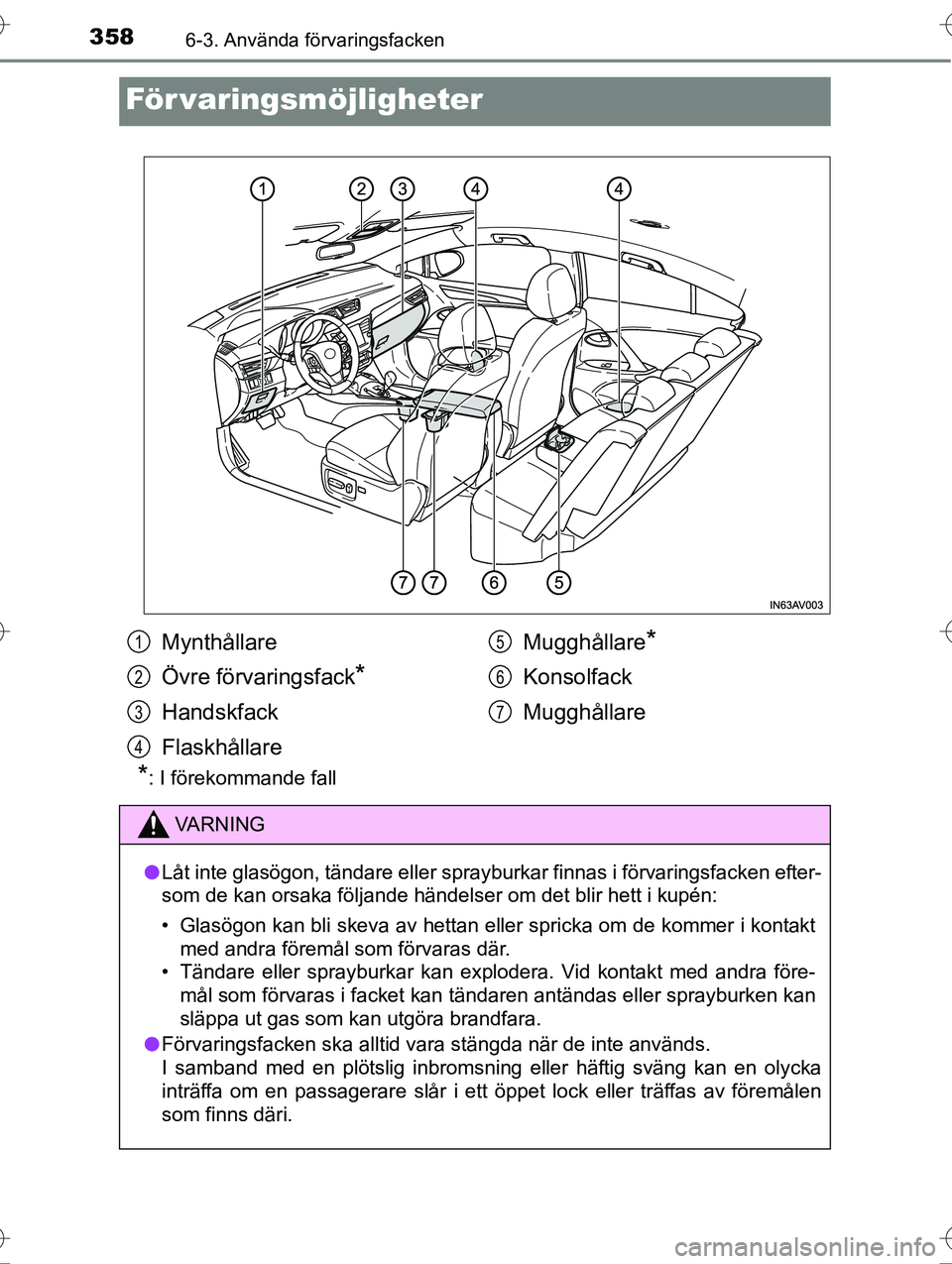 TOYOTA AVENSIS 2016  Bruksanvisningar (in Swedish) 3586-3. Använda förvaringsfacken
OM20C20SE
För varingsmöjligheter
*: I förekommande fall
Mynthållare
Övre förvaringsfack
*
Handskfack
FlaskhållareMugghållare
*
Konsolfack
Mugghållare
VA R N