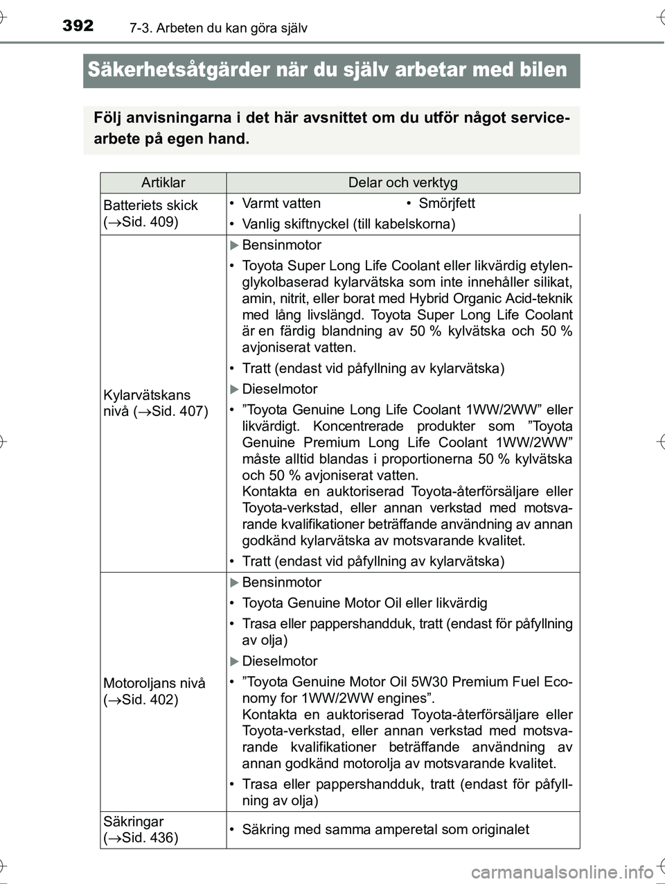 TOYOTA AVENSIS 2016  Bruksanvisningar (in Swedish) 3927-3. Arbeten du kan göra själv
OM20C20SE
Säkerhetsåtgärder när du själv arbetar med bilen
Följ anvisningarna i det här avsni ttet om du utför något service-
arbete på egen hand.
Artikla