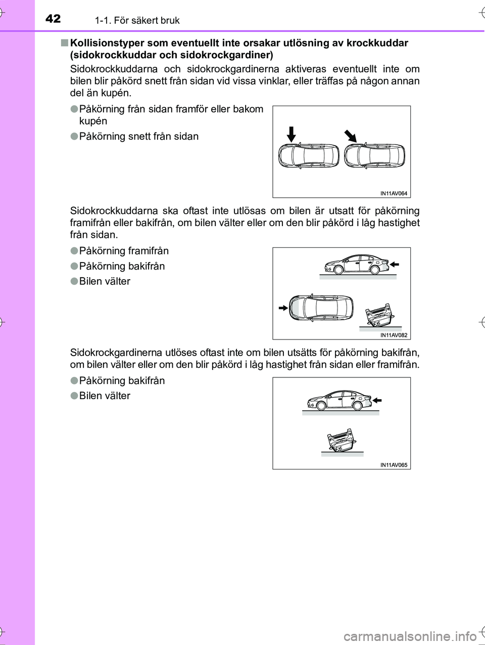 TOYOTA AVENSIS 2016  Bruksanvisningar (in Swedish) 421-1. För säkert bruk
OM20C20SEn
Kollisionstyper som eventuellt inte  orsakar utlösning av krockkuddar 
(sidokrockkuddar och sidokrockgardiner)
Sidokrockkuddarna och sidokrockgardinerna aktiveras 