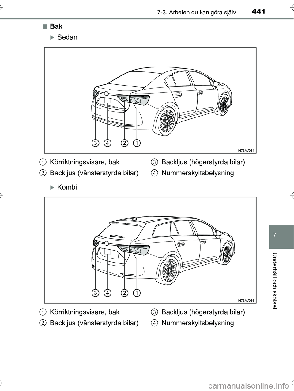 TOYOTA AVENSIS 2016  Bruksanvisningar (in Swedish) 4417-3. Arbeten du kan göra själv
OM20C20SE
7
Underhåll och skötsel
nBak
Sedan
Kombi
Körriktningsvisare, bak
Backljus (vänsterstyrda bilar)Backljus (högerstyrda bilar)
Nummerskyltsbelysni